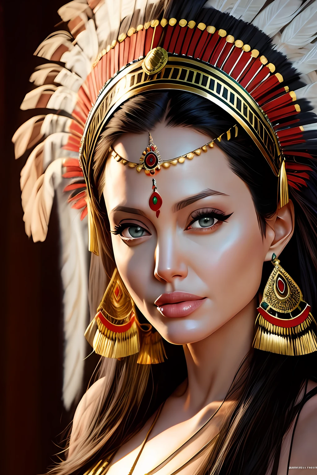 Angelina Jolie with realistic Indian headdress best shadow best cinematic lighting high resolution --auto --s2