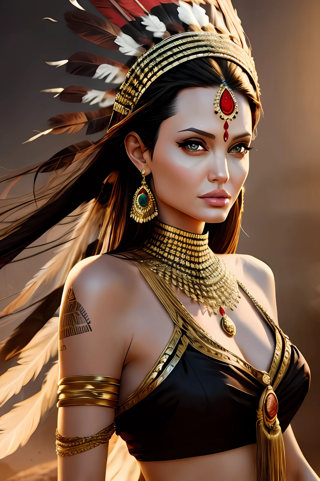 Angelina Jolie with realistic Indian headdress best shadow best cinematic lighting high resolution --auto --s2