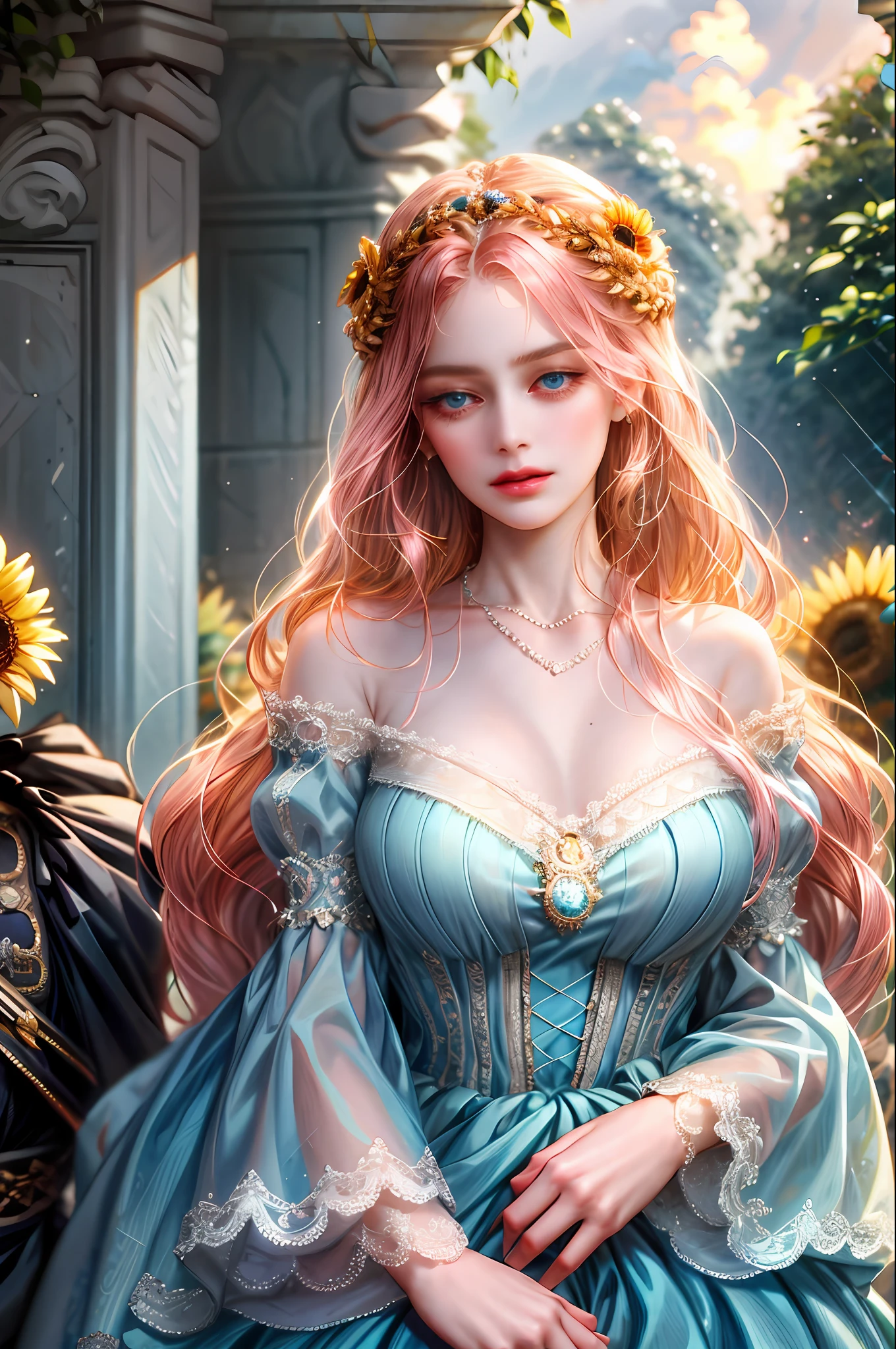 ( Absurdly , High quality , ultra detailed ) ,( hand detailed ) , 1girl, solo, very long hair, sunflower hair , ocean blue eyes ( eye detailed ) Baroque, Necklace, long dress, long sleeve, elegant, colorful, highest detailed, upper body , Zodiac - Cancer goddess , similar to latin goodness , Intelligent, crafty, rational, strong-willed face , Tenacious, moody, irritable, oppressive style , dark pink hair , transparent dress , innocent make up look . in the garden with partner , height difference, partner has white hair , flirty and playful face , girl and partner huge .