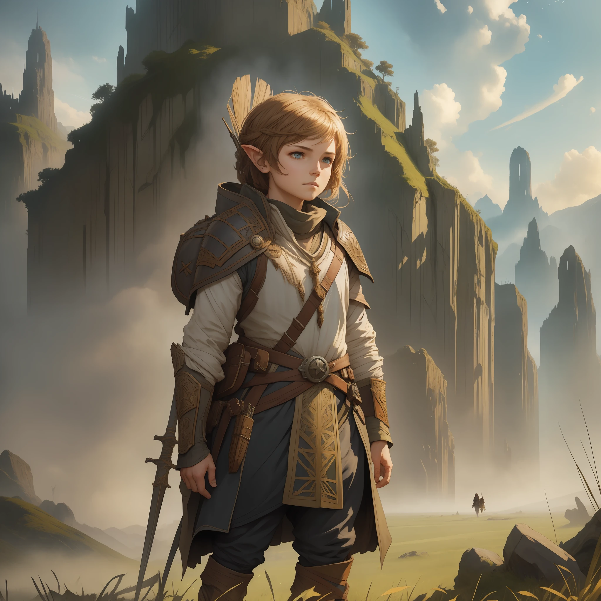 RPG halfling character standing in the field, full body, light clothing, light hair, watercolor style, approaching perfection, pure form, concept art, by Brian Froud and Carne Griffiths and Wadim Kashin and John William Waterhouse, intricate details, 8k post-production, high resolution, hyperdetailed, trend in artstation, sharp focus, studio photo, intricate details, highly detailed, by Greg Rutkowski