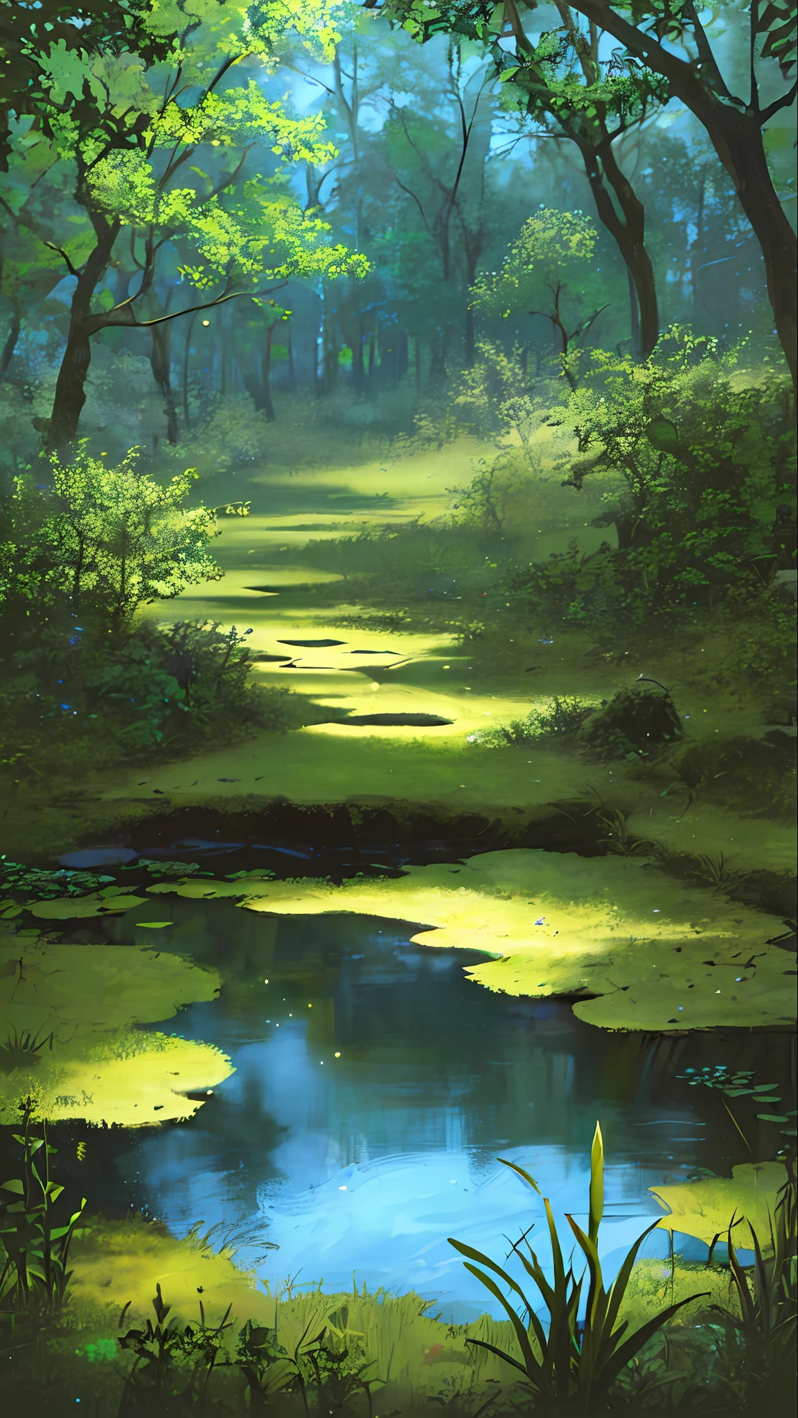 (best quality)), (no photos of people), dark night, fireflies, vast night sky, moon, in the forest, frogs, quiet ponds, lots of wildflowers, streams, stones, moss,