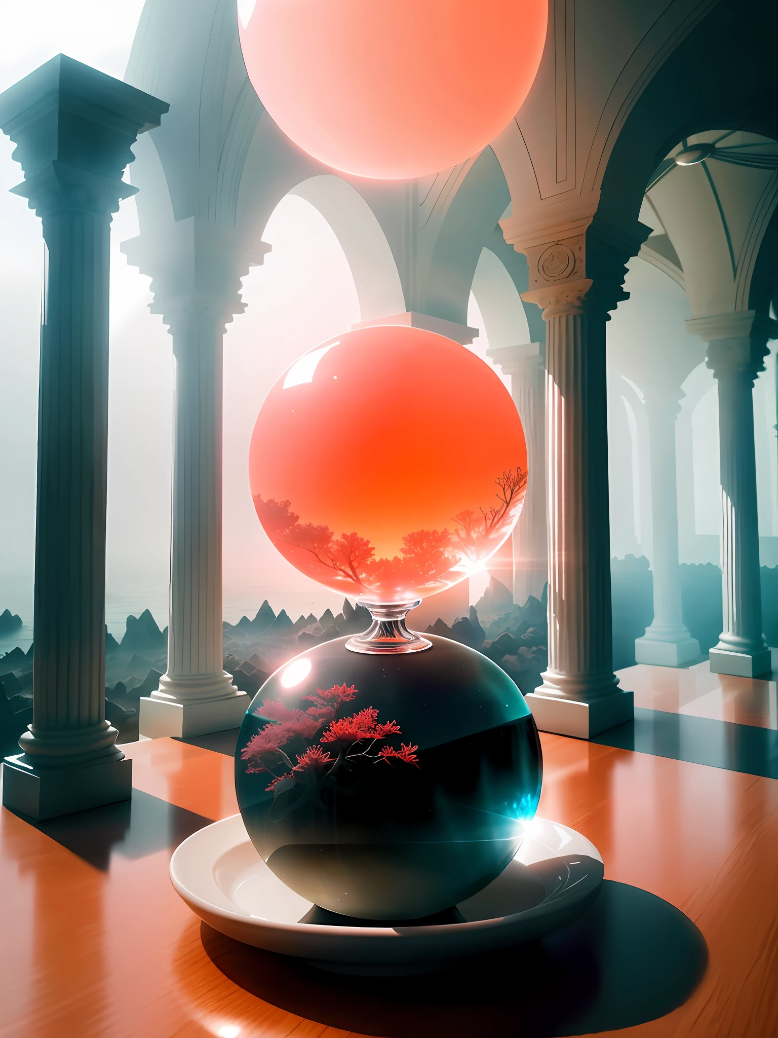 fog, artistic, fantastic, hyperrealism, 16K high resolution, Unreal Engine, Soft light, (Coral reef trapped in crystal sphere: 1.4), (Max Sharp Focus: 1.4), (Crystal sphere with pedestal on urban table: 1.3), Backlight ,Crystal ball reflecting the future