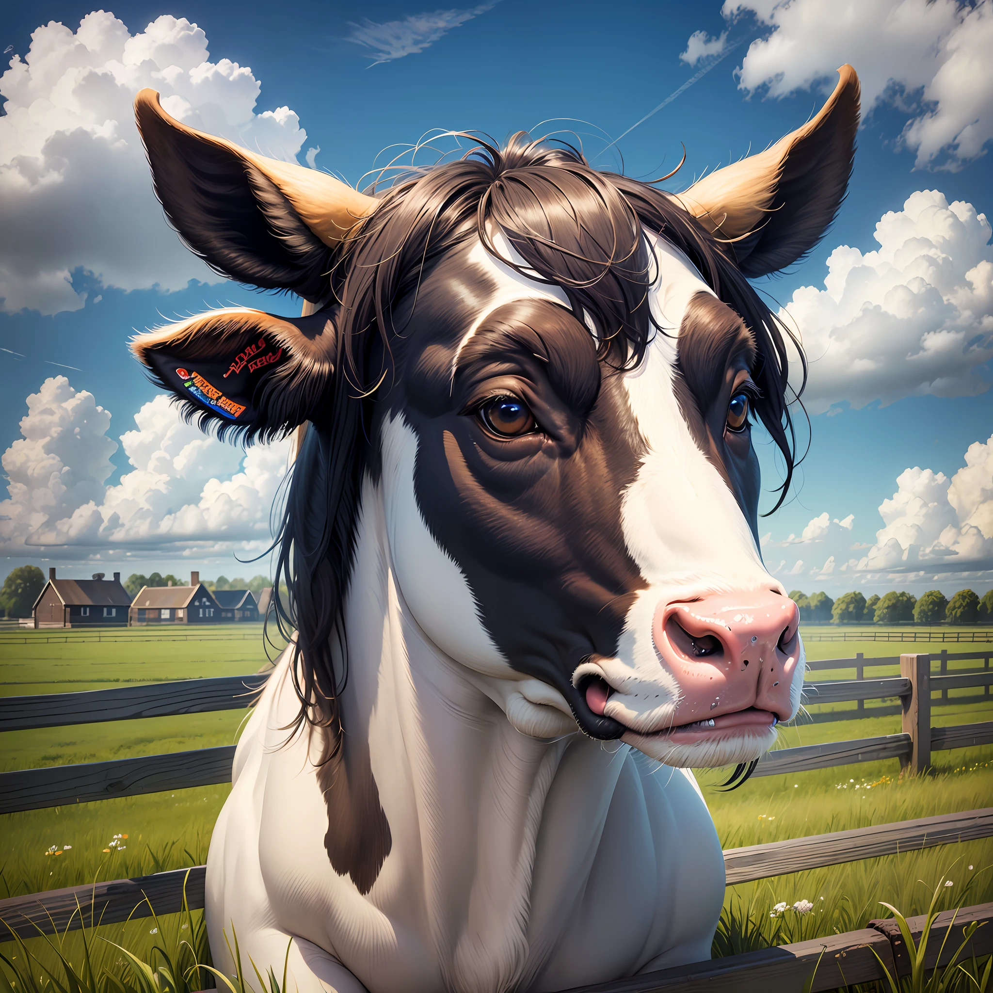 Masterpiece, better quality, a closeup of Frisian Dutch cow munching pasture and a fence in the background with a sky and clouds --auto --s2