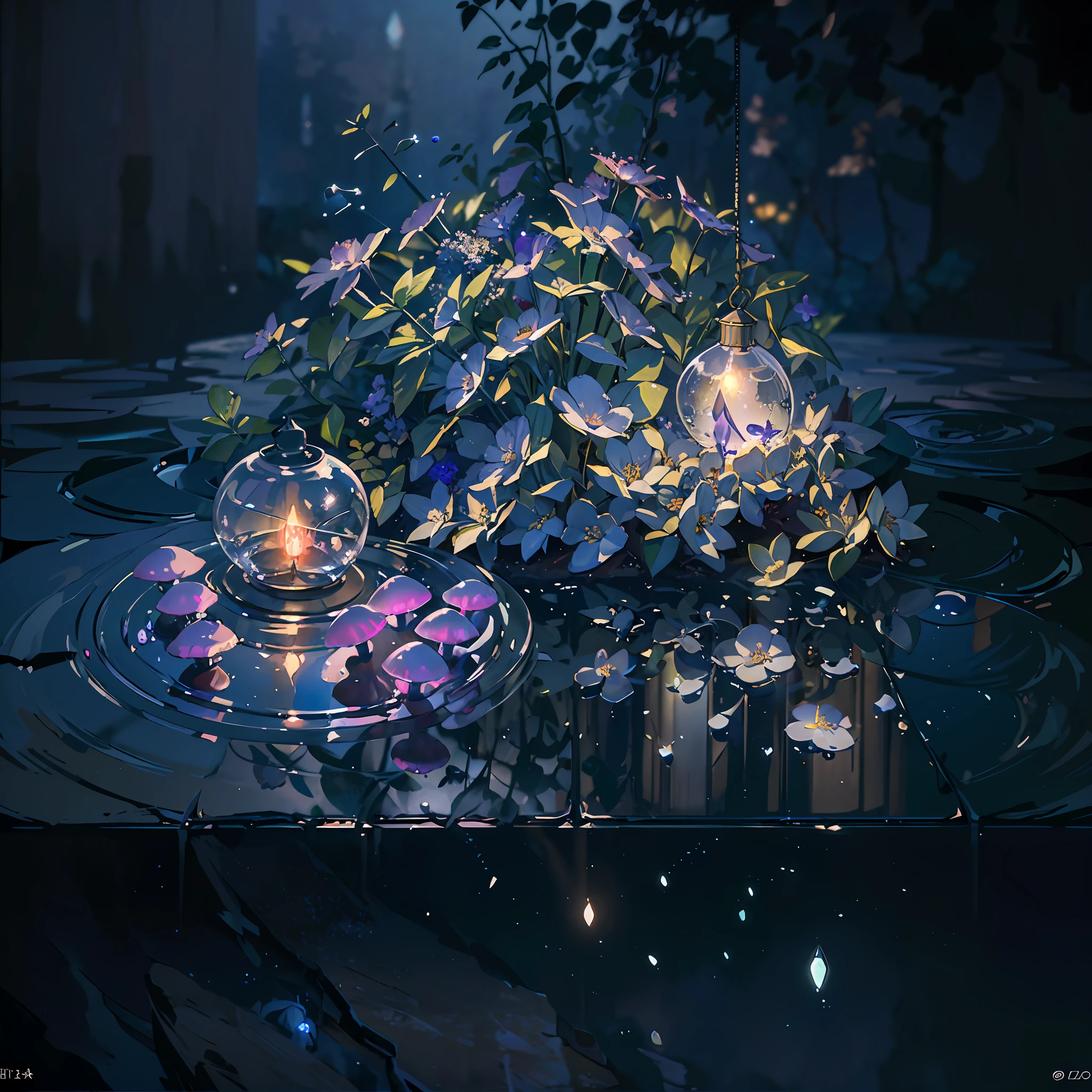Computer, Extensive Landscape Ultrasound Photography bottle, glass flower, glowing mushrooms, mist, (general view showing transparent flower, mushrooms, glass, reflection),inside the bottle flower, mushrooms, glass, reflected moon, meteor shower, (ultradetailed), burning lighthouse, glass, (detailed), shards, glass (detailed), night night, moon reflection, (1:3), fireflies (1:3), BREAK production art, (cold light source:1.2), (Firefly:1.2), purple, fire particles, colors, intricate details, volumetric lighting, realistic fantasy BREAK (masterpiece:1.2), (best quality), 4k, ultra-detailed, (dynamic composition: 1.4), high detailed, colorful details, (gloomy colors: 1.2), (luminous lighting, atmospheric lighting), gloomy, dark, magical --auto --s2