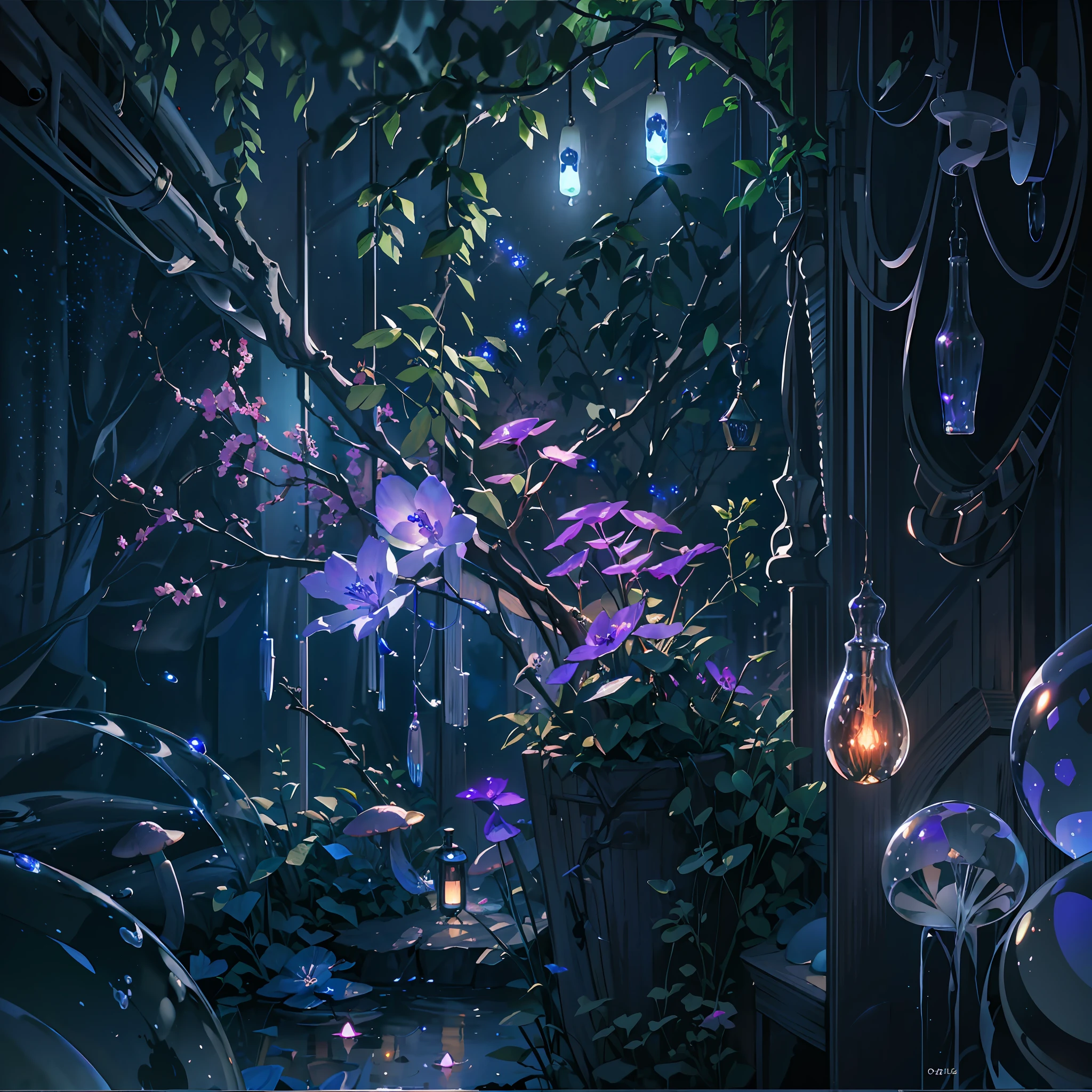 Computer, Extensive Landscape Ultrasound Photography bottle, glass flower, glowing mushrooms, mist, (general view showing transparent flower, mushrooms, glass, reflection),inside the bottle flower, mushrooms, glass, reflected moon, meteor shower, (ultradetailed), burning lighthouse, glass, (detailed), shards, glass (detailed), night night, moon reflection, (1:3), fireflies (1:3), BREAK production art, (cold light source:1.2), (Firefly:1.2), purple, fire particles,  colors, intricate details, volumetric lighting, realistic fantasy BREAK (masterpiece:1.2), (best quality), 4k, ultra-detailed, (dynamic composition: 1.4), high detailed, colorful details, (gloomy colors: 1.2), (luminous lighting, atmospheric lighting), gloomy, dark, magical --auto --s2