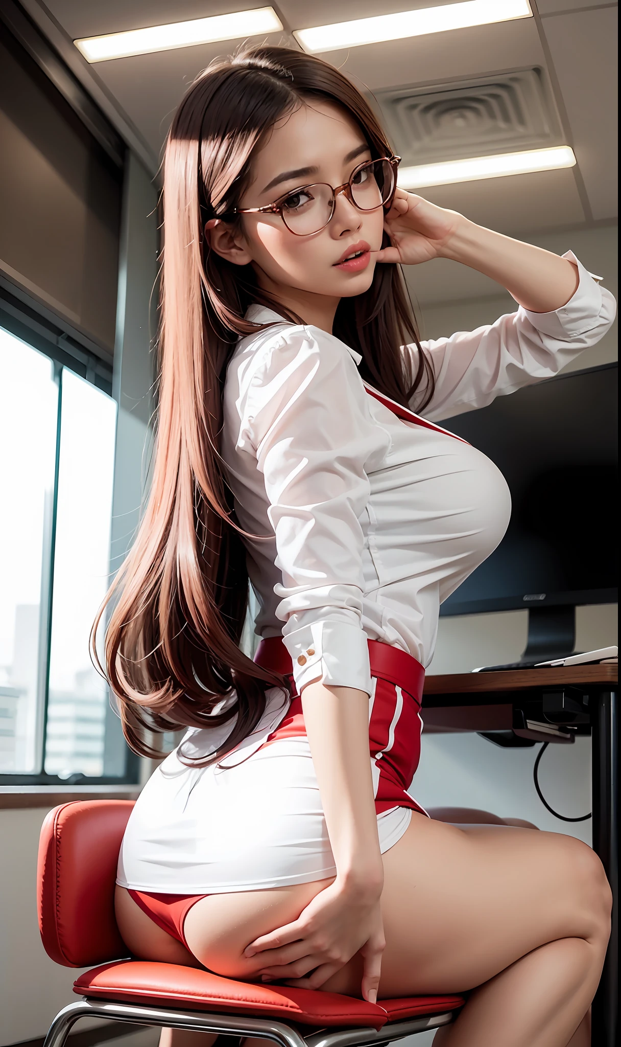 A beautiful woman, 1 girl, solo, sitting at an office desk, with a white blouse between open, short red skirt, the woman has long hair wears glasses, is in high heels, is biting a pen with sensual expression, has beautiful breasts, beautiful ass, perfect body, anatomically perfect hands and legs