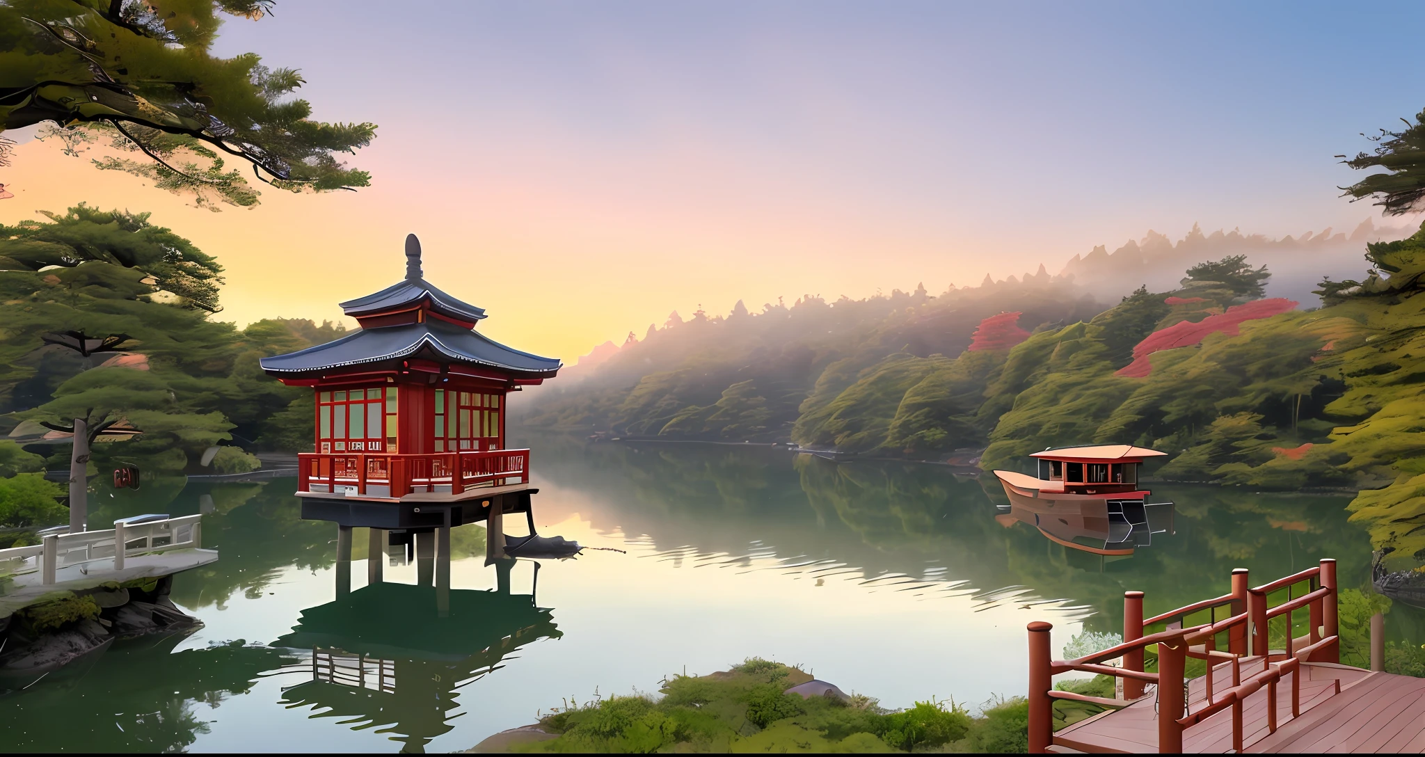 Cedar, pine, guest-greeting pine, the small pavilion, wooden bridge, stone bridge, fishing boats, boat, crane, birds, crane, castle peak, reflection, green water, ripples, reflection, the plum blossom in full bloom, fog, waterfalls, carp, lotus, lotus leaf, dragonflies peony flowers, lucky bamboo, bamboo, deer, laptop, kirin, red sun, plantain, Windows,