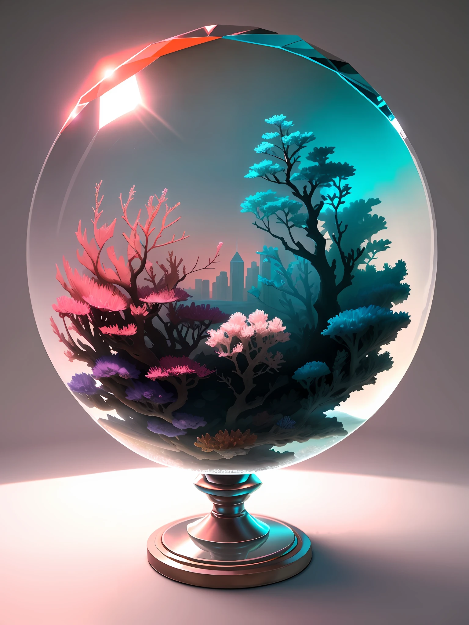 fog, artistic, fantastic, hyperrealism, 16K high resolution, Unreal Engine, Soft light, (Coral reef trapped in crystal sphere: 1.4), (Max Sharp Focus: 1.4), (Crystal sphere with pedestal on urban table: 1.3), Backlight ,Crystal ball reflecting the future