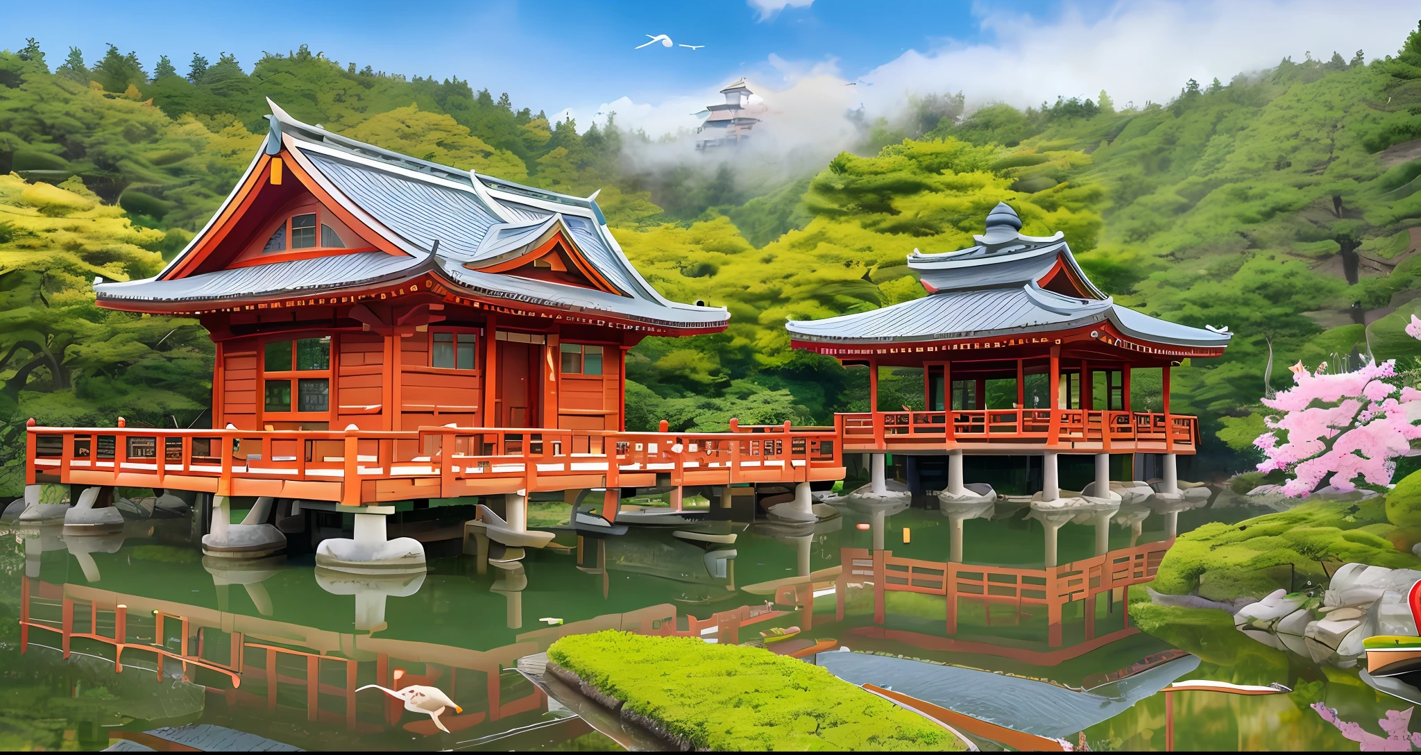 Cedar, pine, guest-greeting pine, the small pavilion, wooden bridge, stone bridge, fishing boats, boat, crane, birds, crane, castle peak, reflection, green water, ripples, reflection, the plum blossom in full bloom, fog, waterfalls, carp, lotus, lotus leaf, dragonflies peony flowers, lucky bamboo, bamboo, deer, laptop, kirin, red sun, plantain, Windows,