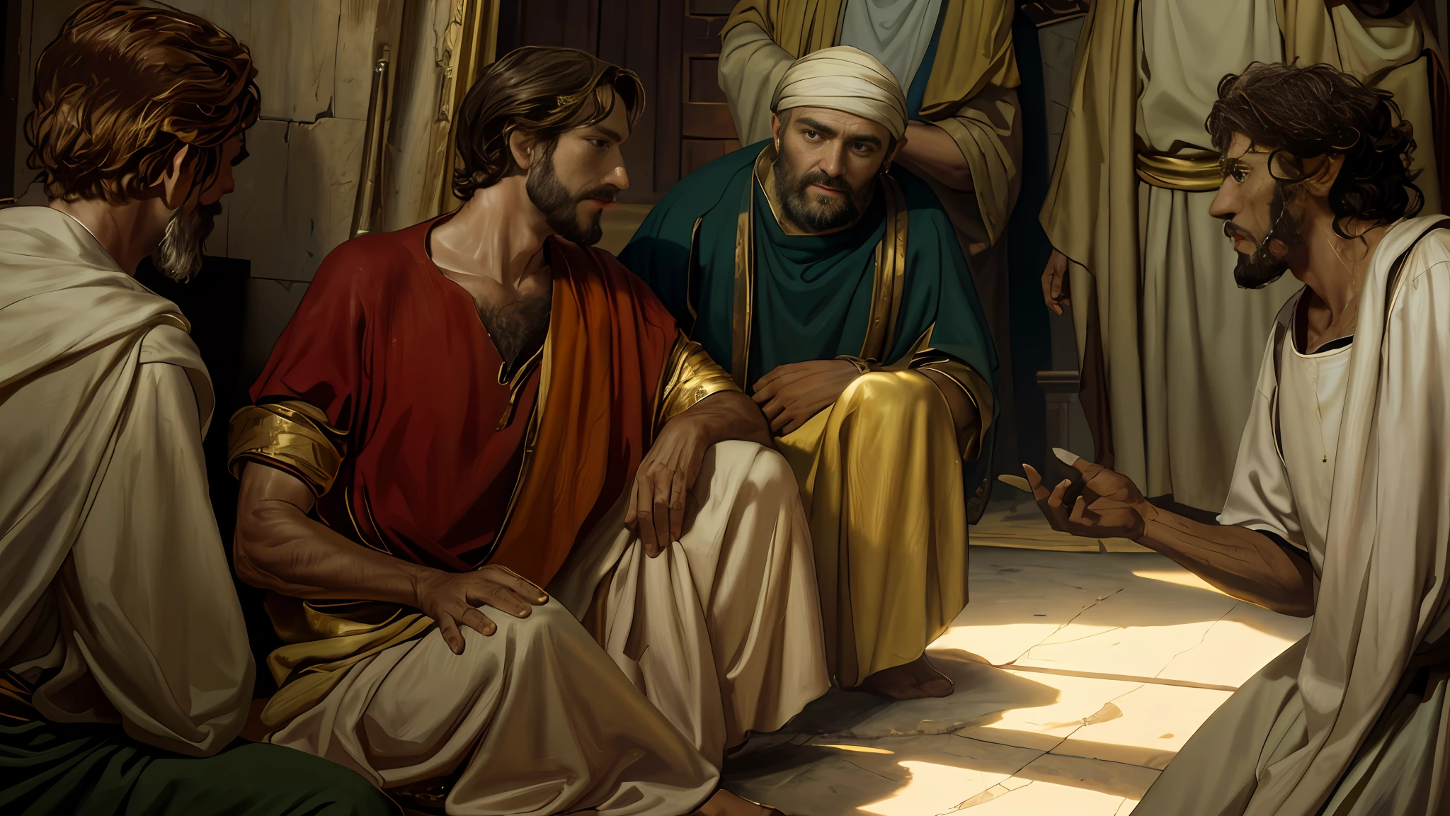 Oil painting, there are 4 men talking on the floor of a house, epic biblical representation, 8k uhd, cinematic lighting, high quality.
