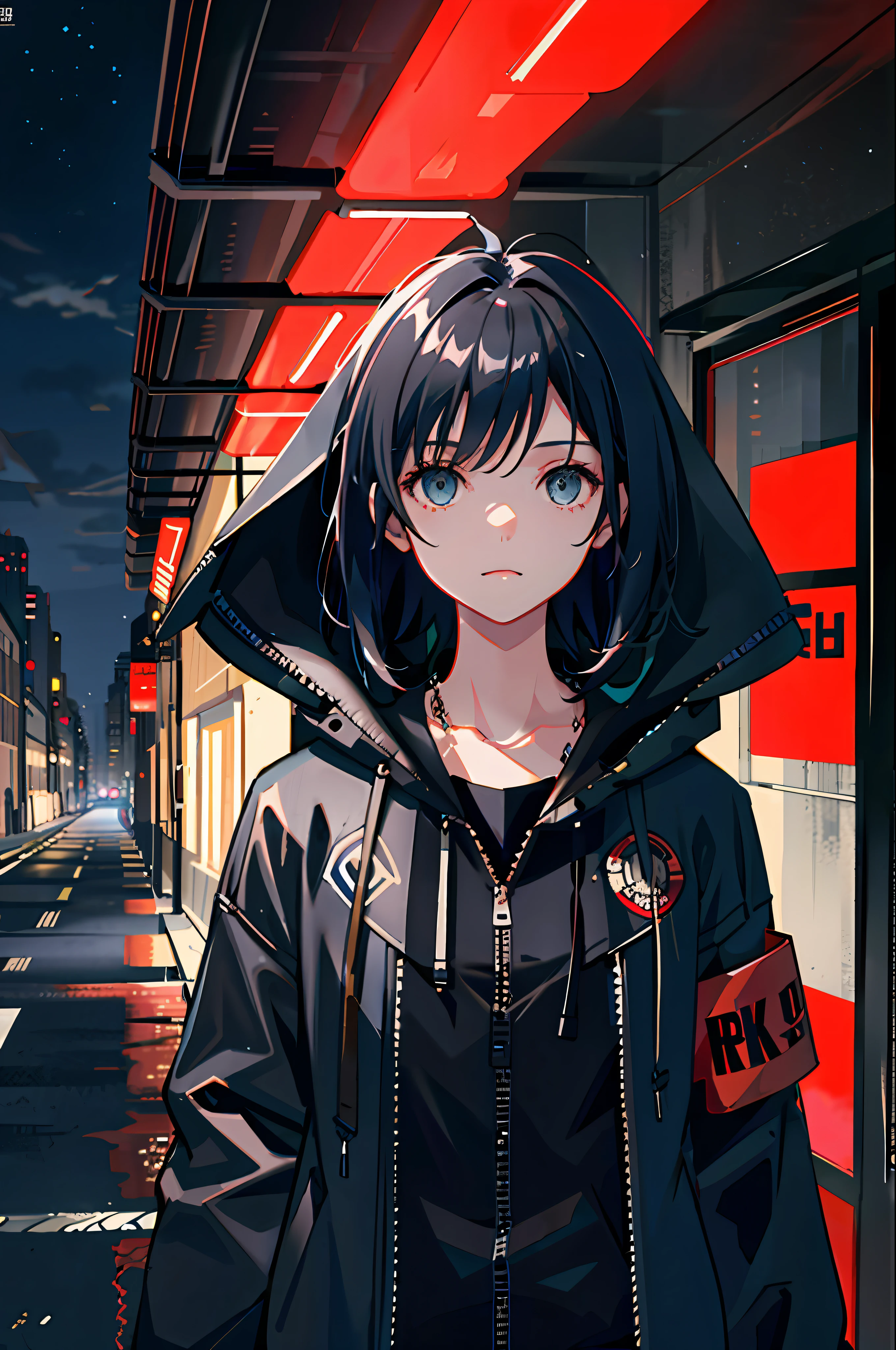 1girl, jacket, rain, outdoor, hoodie, open jacket, chain, backpack, looking at another, messy hair, trending on artstation, 8k resolution, highly detailed, anatomically correct, sharp image, digital painting, concept art, trending on pixiv, style of makoto shinkai,