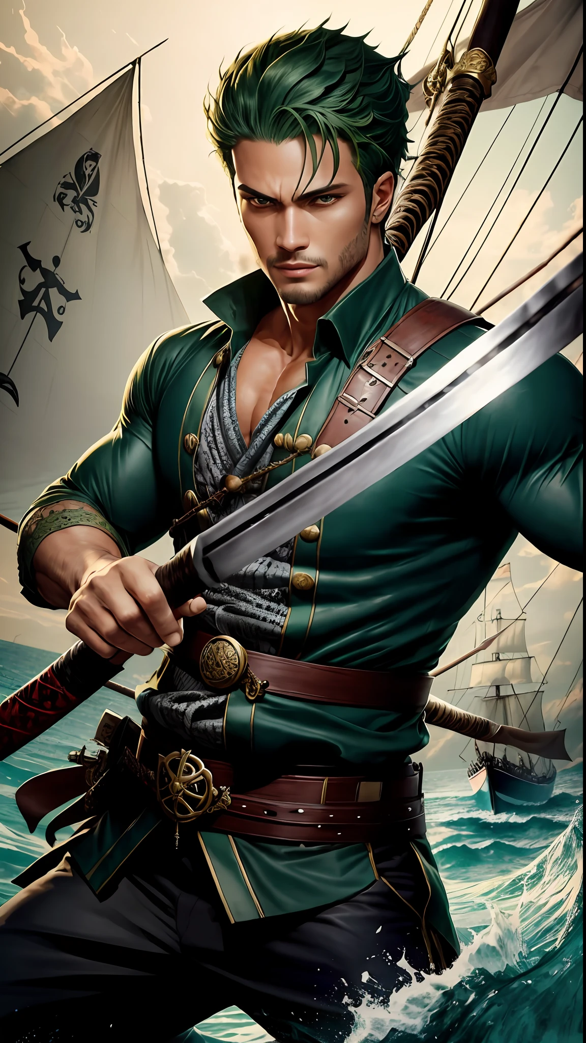 8k portrait of Roronoa Zoro bodybuilder, holding a katana by the teeth, background a pirate boat, intricate, holding a katana, elegant, highly detailed, full body, majestic, digital photography, art by artgerm and ruan jia and greg rutkowski, green hair, green eyes, (detailed eyes) broken glass (masterpiece, side lighting, beautiful finely detailed eyes: 1.2 ), hdr,