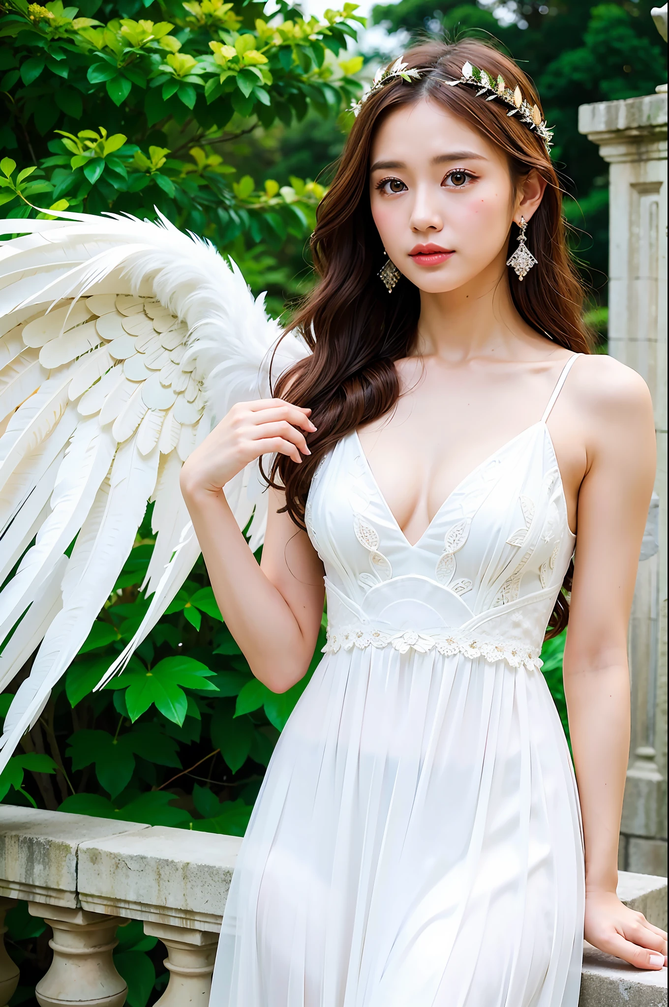 Dressed up with winged cute angel, wearing a beautiful garland on his head, symmetrical white feather material imitating huge wings, exquisite details, portraits, breasts, outdoors, ancient buildings, tall stone pillars, stone railings, a 25-year-old woman named Yiping in an ancient castle: 2, eyes looking at the camera, back to the camera, natural expression, posture not stiff, curly wavy long hair, white dress long dress, the same character, various poses, different angles, rich skin details: 1.5,