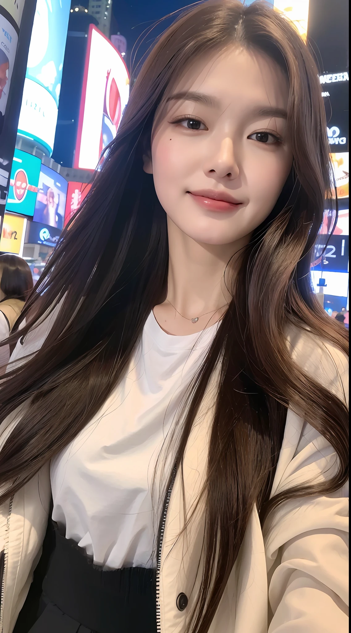 (Best quality, High resolution, Masterpiece :1.3), A tall and pretty woman, Slender abs, Dark brown hair styled in loose waves, Breasts, White t-shirt covered by open black varsity jacket, Sweatpants, (Time square at night), Smirk, Details exquisitely rendered in the face and skin texture, Detailed eyes, Double eyelid