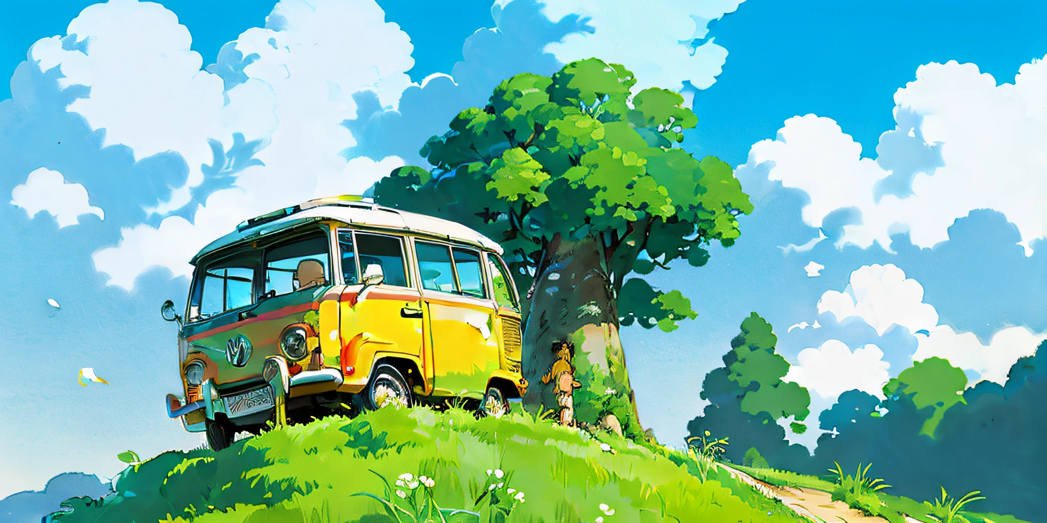 (((best quality)))), Realistic, authentic, beautiful and amazing landscape with a Volkswagen Kombi on the road oil painting Studio Ghibli Hayao Miyazaki pasture petals with blue sky and white clouds --v6