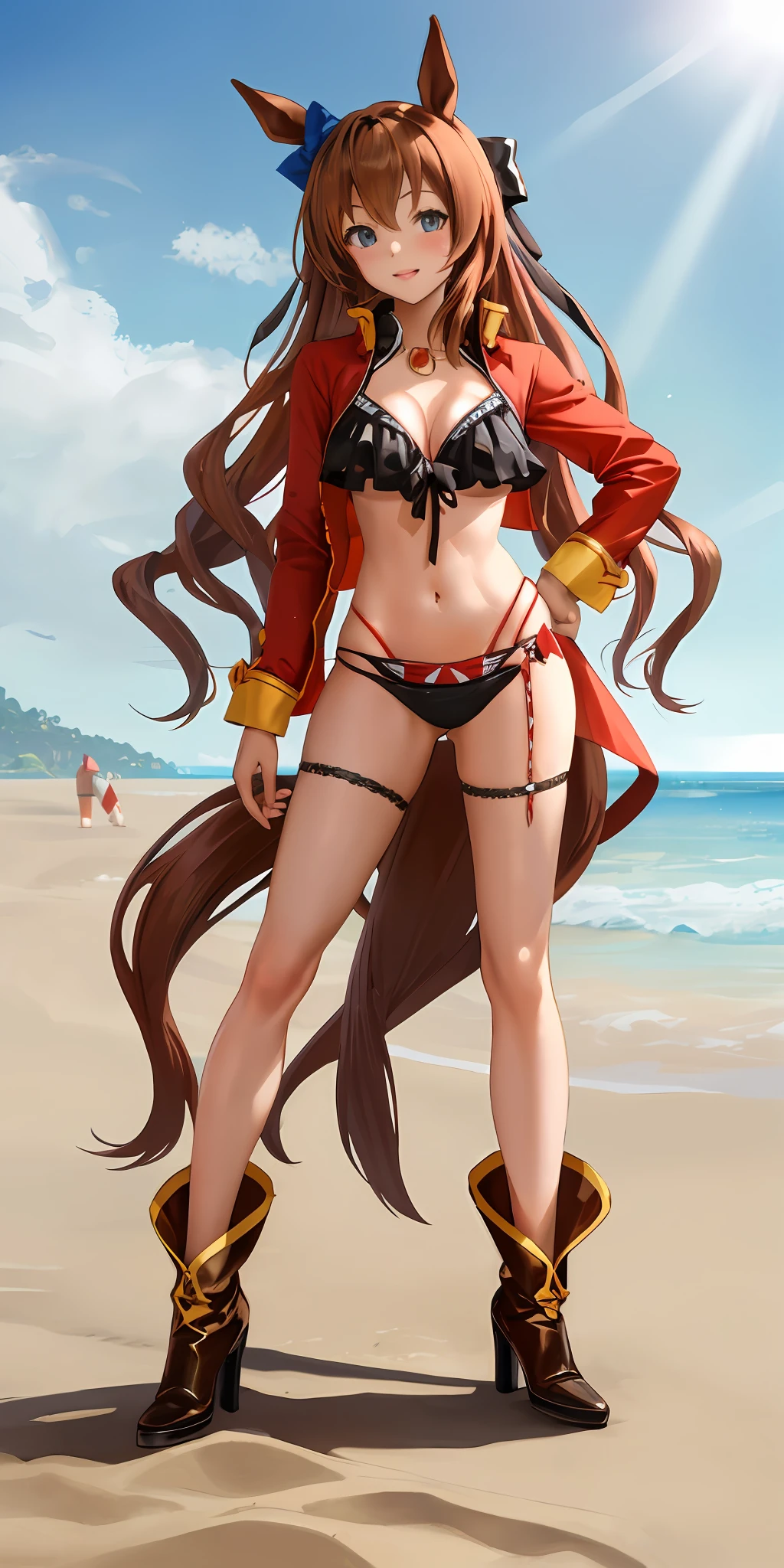 masterpiece, best quality, full body wide angle, charming poses, beach,
maruzensky \(umamusume\),
red side-tie bikini bottom, open jacket, white bow, open clothes, high heel boots,
sunlight,