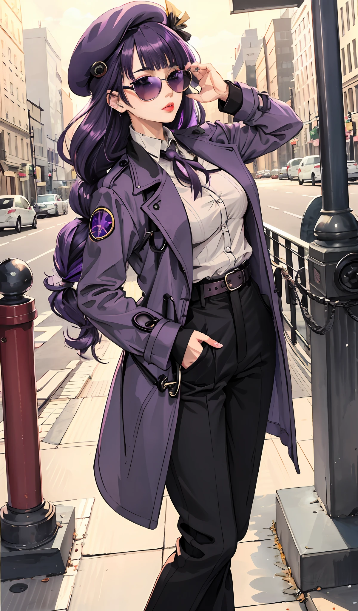 4k, realistic, high detailed, super eyes detailed, 1girl, fashion clothes, trenchcoat, french beret, black pants with belt, long hair, in the city,  purple hair, purple eyes, RAIDEN SHOUGN , wearing trendy sunglasses, both hands in pockets, lipsticks