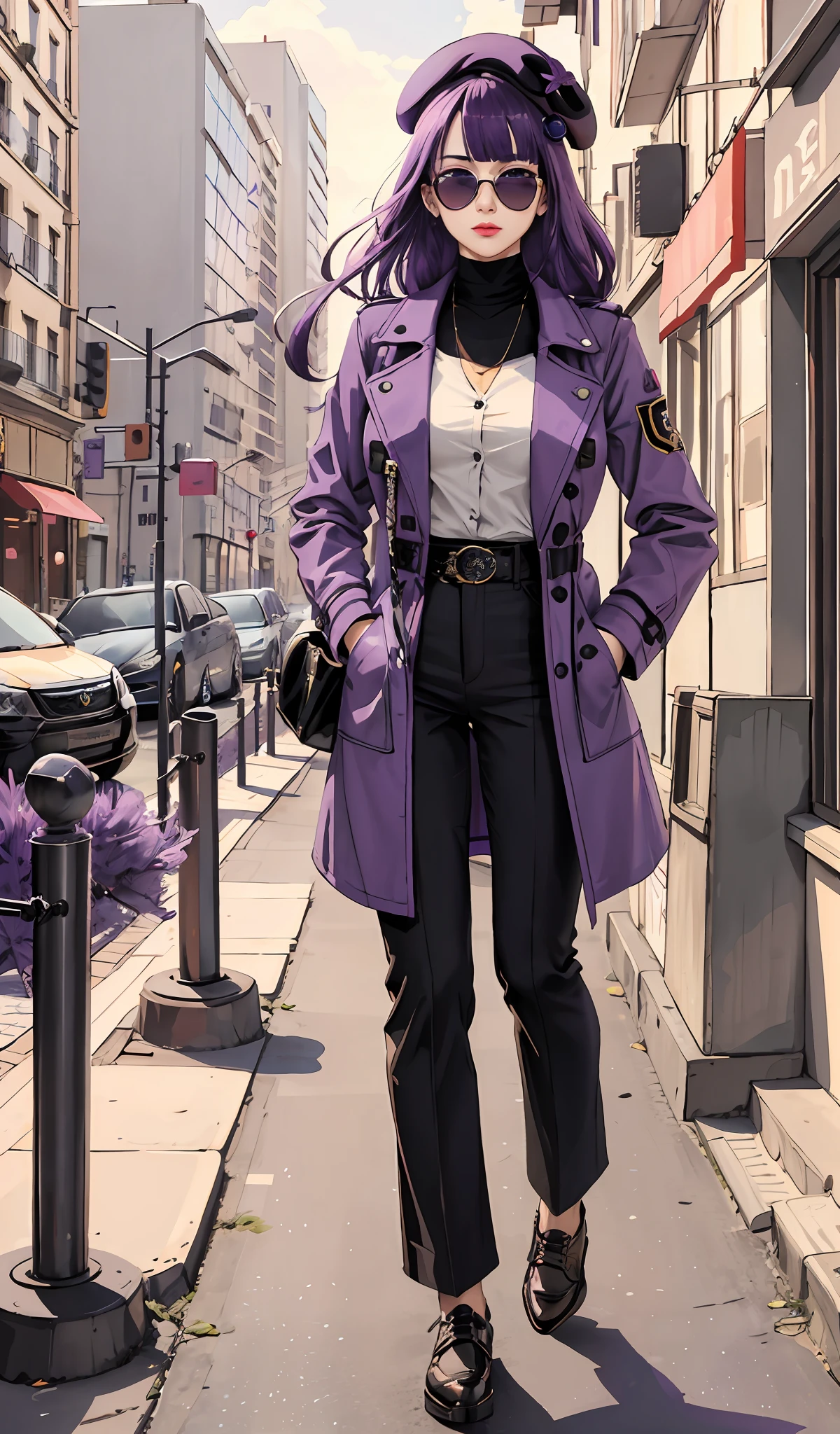 4k, realistic, high detailed, super eyes detailed, 1girl, fashion clothes, trenchcoat, french beret, black pants with belt, long hair, in the city,  purple hair, purple eyes, RAIDEN SHOUGN , wearing trendy sunglasses, both hands in pockets, lipsticks