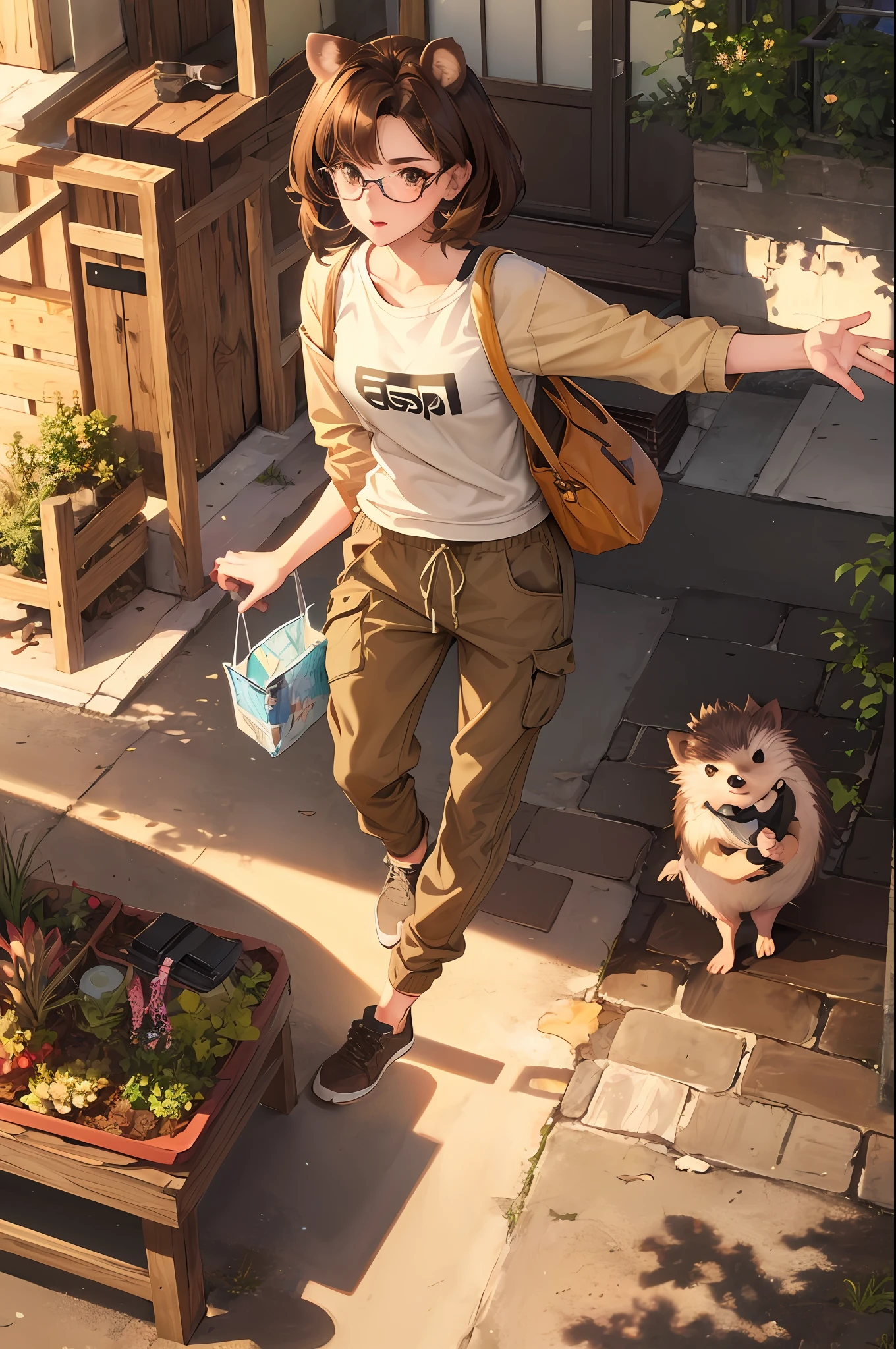 A girl, female hedgehog hybrid, hedgehog ears, athletic body, brown eyes, short spiky brown hair, baggy shirt, glasses