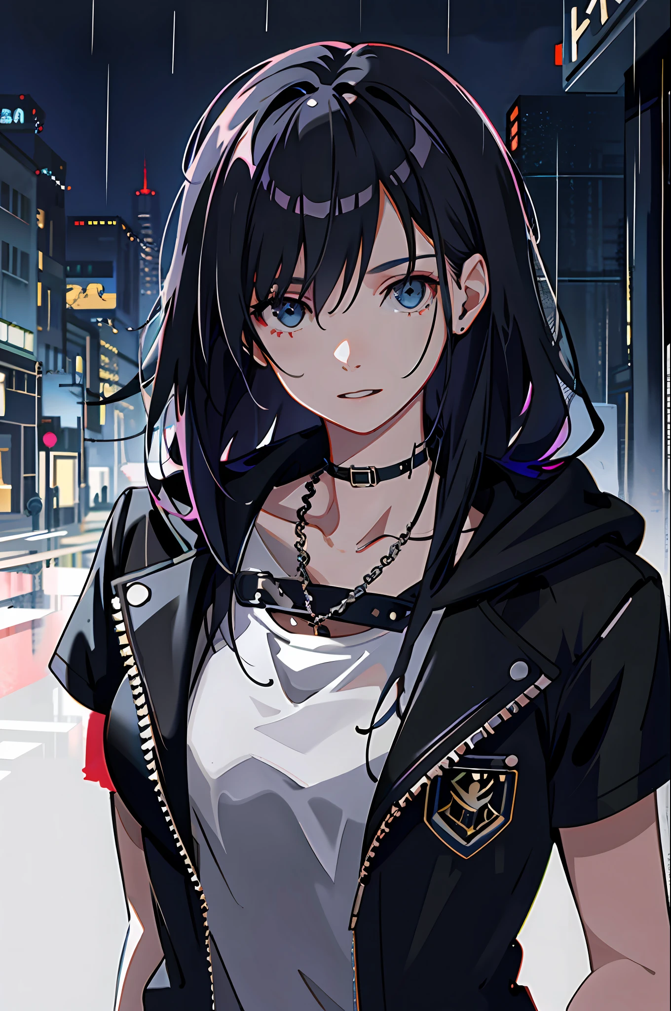 1girl, jacket, rain, outdoor, hoodie, open jacket, chain, backpack, looking at another, messy hair, trending on artstation, 8k resolution, highly detailed, anatomically correct, sharp image, digital painting, concept art, trending on pixiv, style of makoto shinkai,