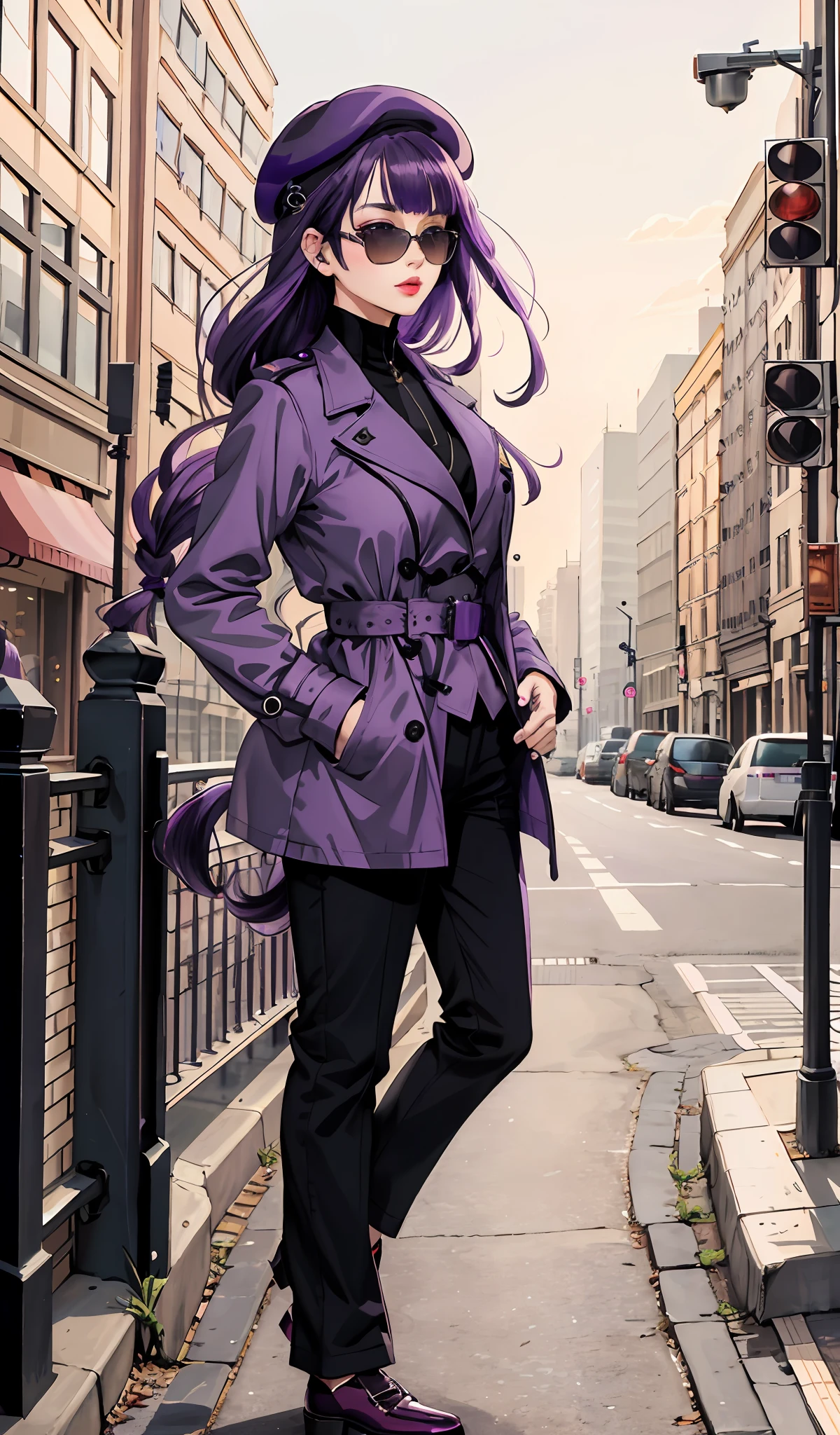 4k, realistic, high detailed, super eyes detailed, 1girl, fashion clothes, trenchcoat, french beret, black pants with belt, long hair, in the city,  purple hair, purple eyes, RAIDEN SHOUGN , wearing trendy sunglasses, both hands in pockets, lipsticks