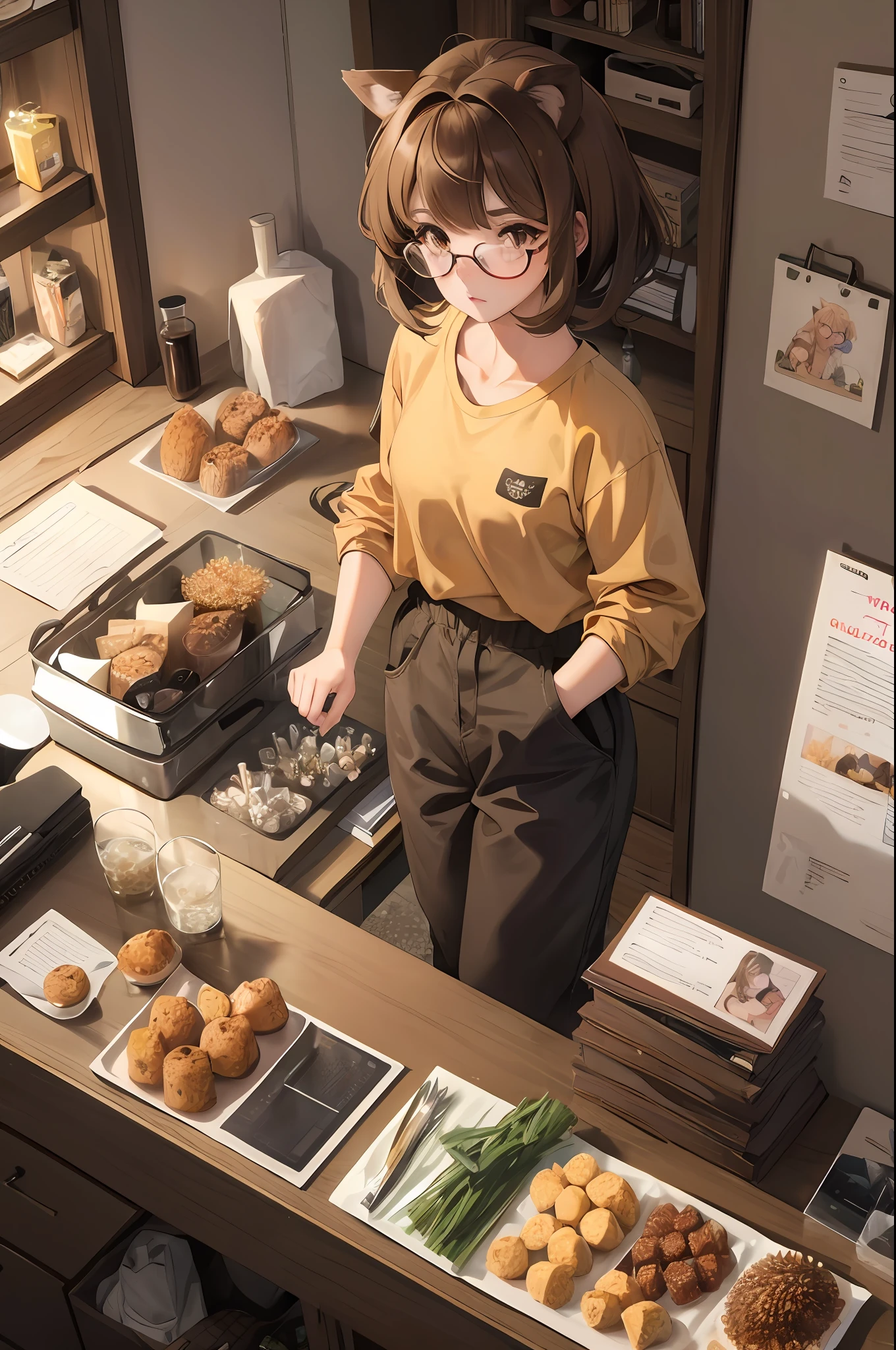 A girl, female hedgehog hybrid, hedgehog ears, athletic body, brown eyes, short spiky brown hair, baggy shirt, glasses
