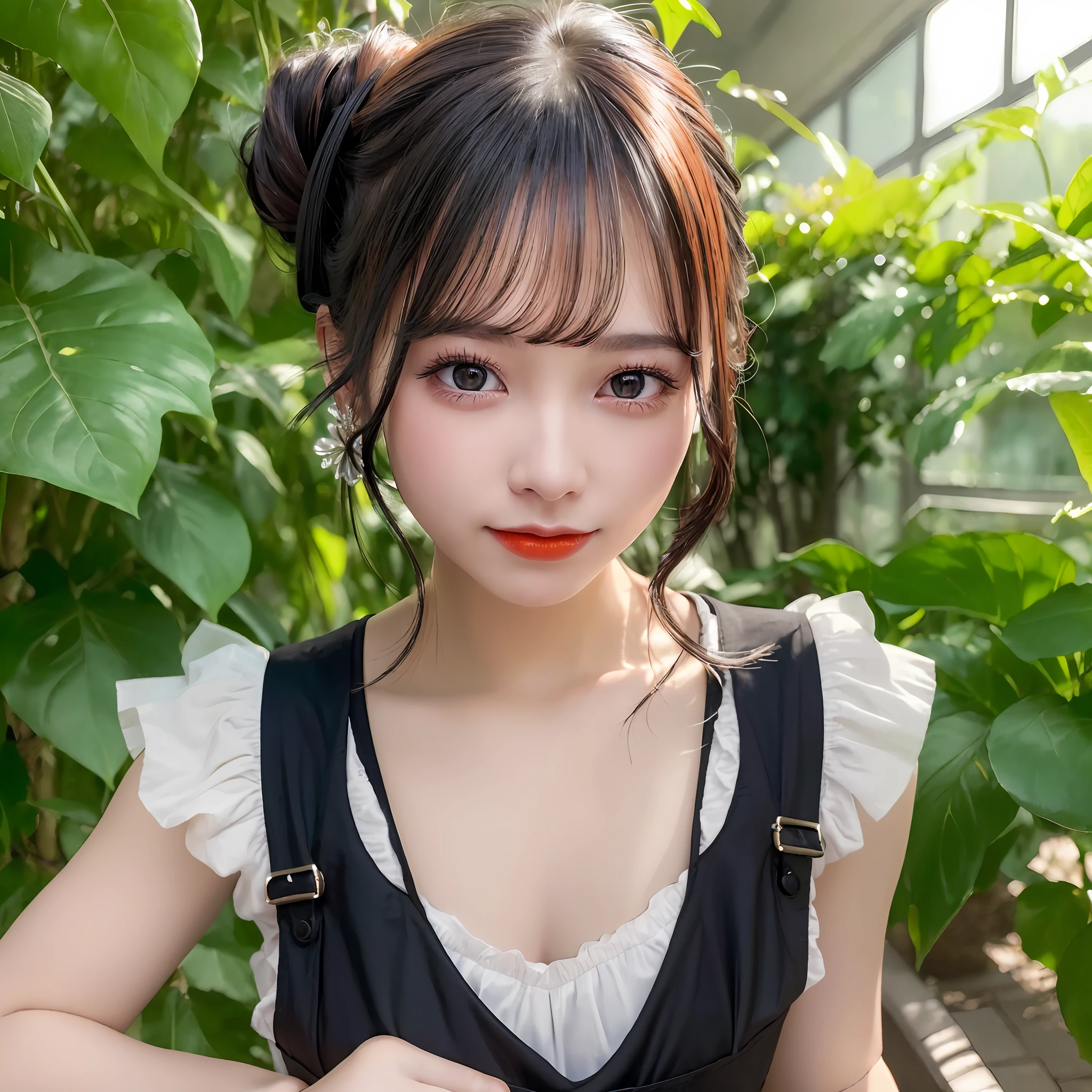 ((Best Quality:1.2, 8k, photo realistic:1.4, Masterpiece:1.2, super fine :1.2, caustics, a beautiful Girl, Highly Detailed face Textures, detailed beauty makeup: 1.2, realistic skin, detailed bangs)), (Overalls:1.2), (greenhouse background), (kind smile), (detailed shiny black and orange two-tone twist updo hair), gravure pose,
