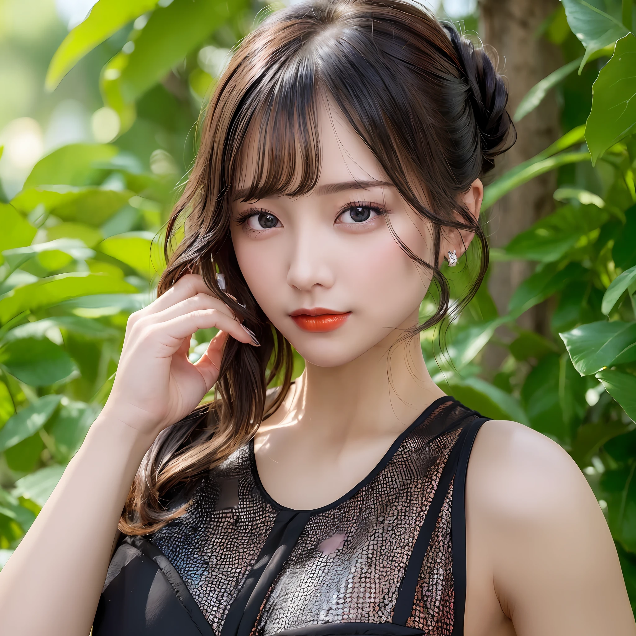 ((Best Quality:1.2, 8k, photo realistic:1.4, Masterpiece:1.2, super fine :1.2, caustics, a beautiful Girl, Highly Detailed face Textures, detailed beauty makeup: 1.2, realistic skin, detailed bangs)), (Overalls:1.2), (greenhouse background), (kind smile), (detailed shiny black and orange two-tone twist updo hair), gravure pose,