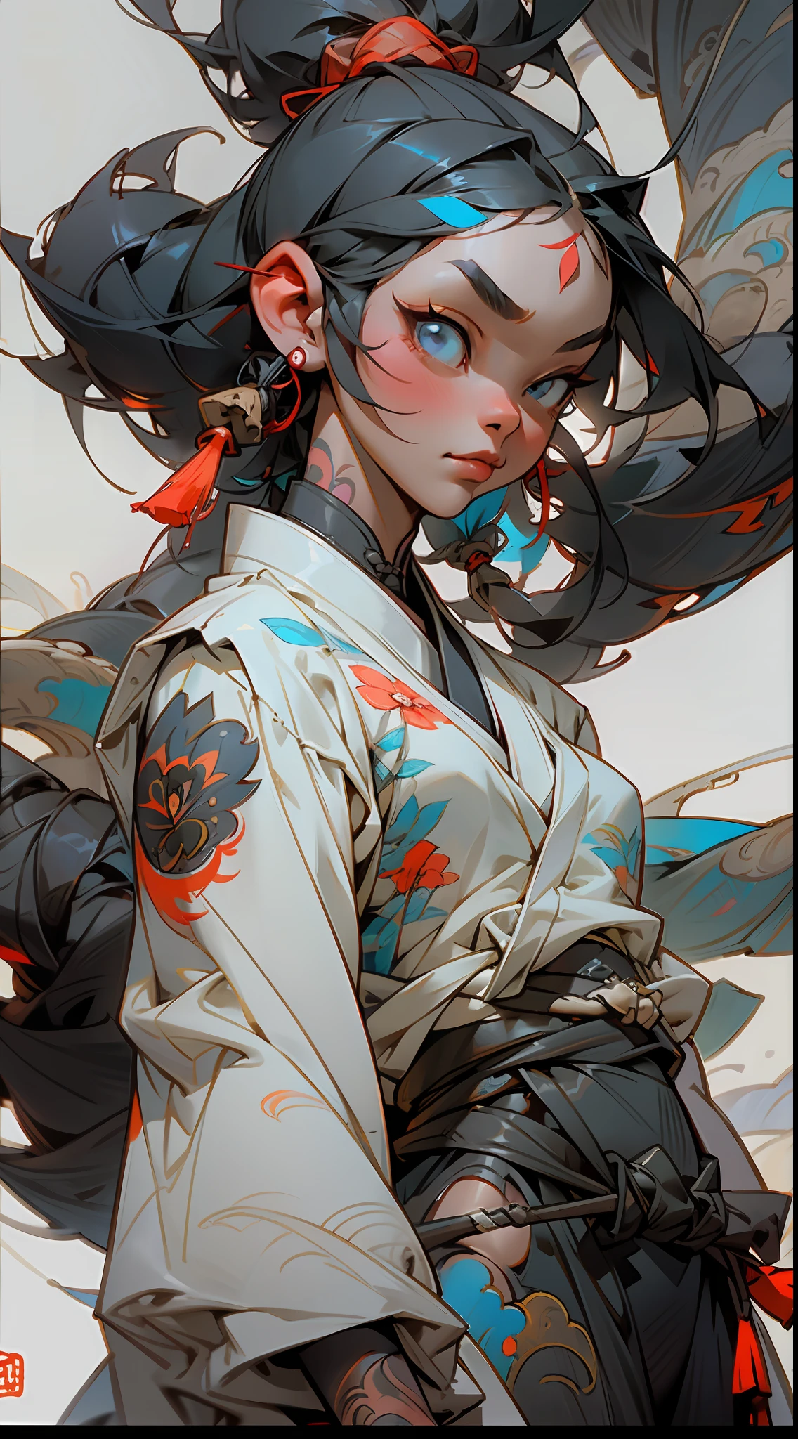 wuxia,1black woman with tattoos,black hair,white clothes,super colorful,cinematic,dof,35mm,masterpiece, best quality,