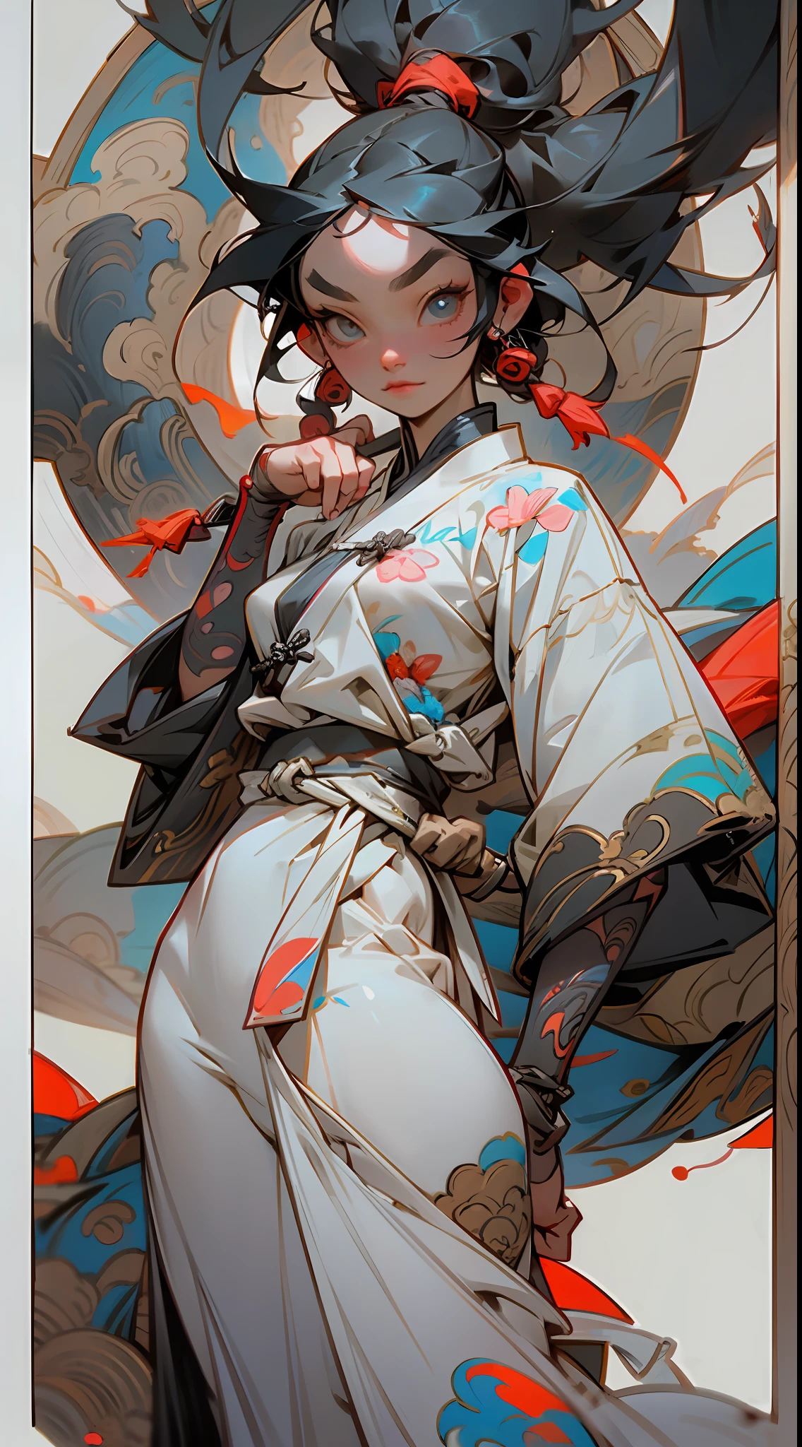 wuxia,1black woman with tattoos,black hair,white clothes,super colorful,cinematic,dof,35mm,masterpiece, best quality,