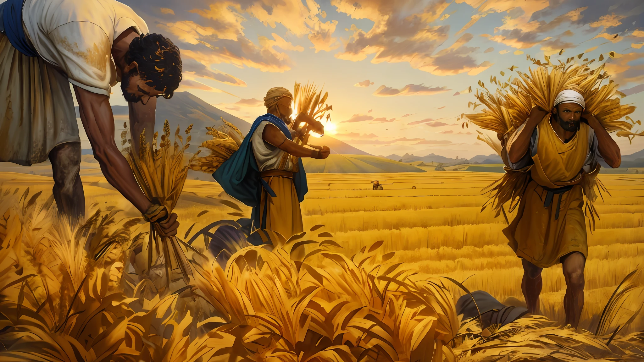 Oil painting, there are three men harvesting and carrying wheat in the field, epic biblical representation, 8k uhd, cinematic lighting, high quality, --s2