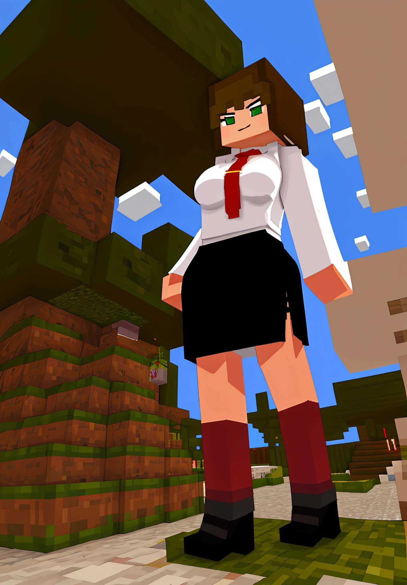 Minecraft, white blouse, rtx, high quality, black pencil skirt, red tie, red high heels, 1girl