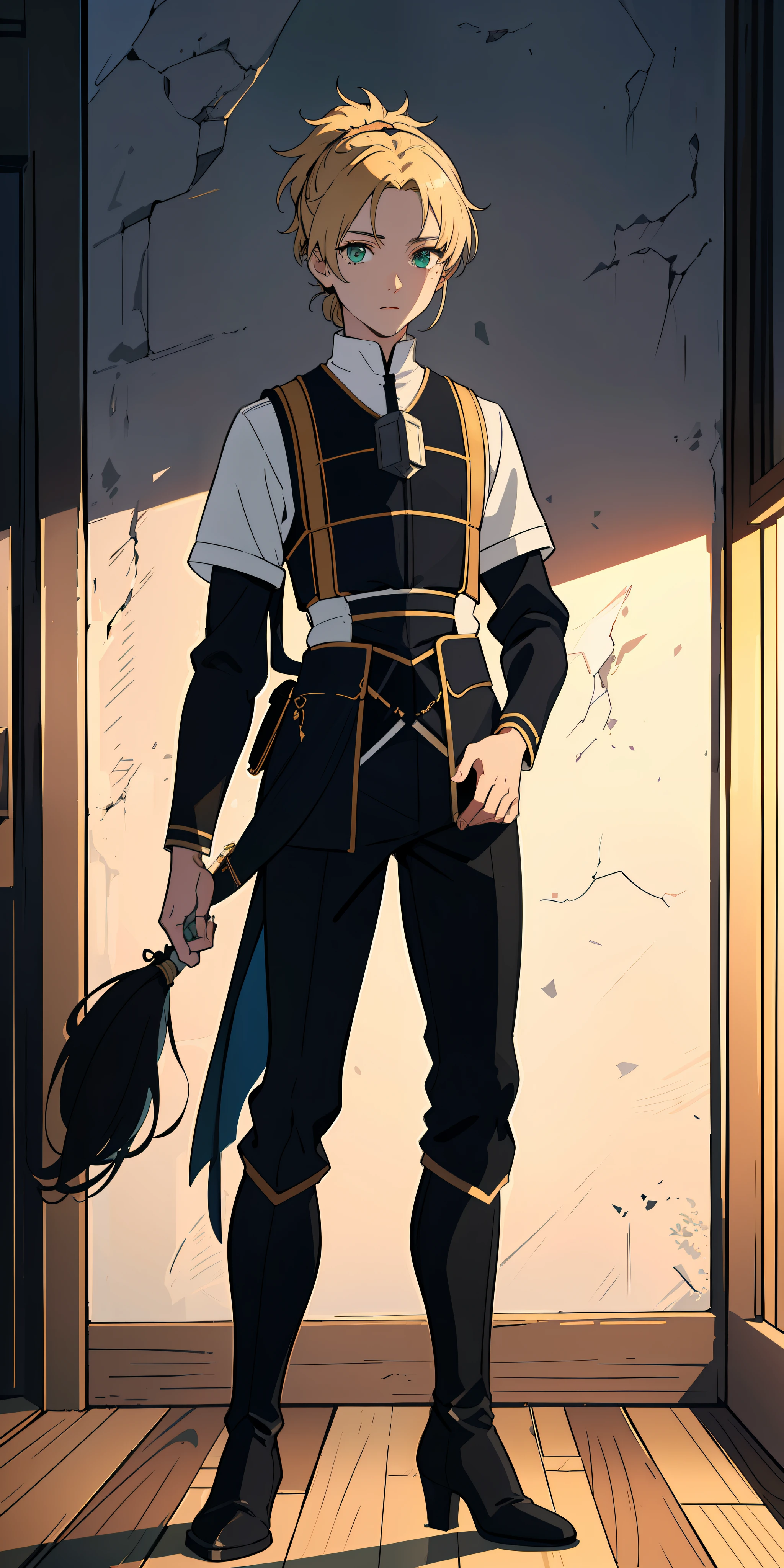 (masterpiece: 1.2, best quality), (beautiful finely detailed eyes: 1.2), (extremely detailed CG unit 8k wallpaper, masterpiece, best quality, ultra-detailed, best shadow), (detailed background), (beautiful detailed face, beautiful detailed eyes), High contrast, (best lighting, an extremely delicate and beautiful), solo, 1boy, dynamic angle, beautiful detailed brightness, whole body, masterpiece15-year-old boy, medieval fantasy, white skin, medium length blonde hair, ponytail, green eyes, medieval clothing, white shirt, black pants, black boot, battle suit