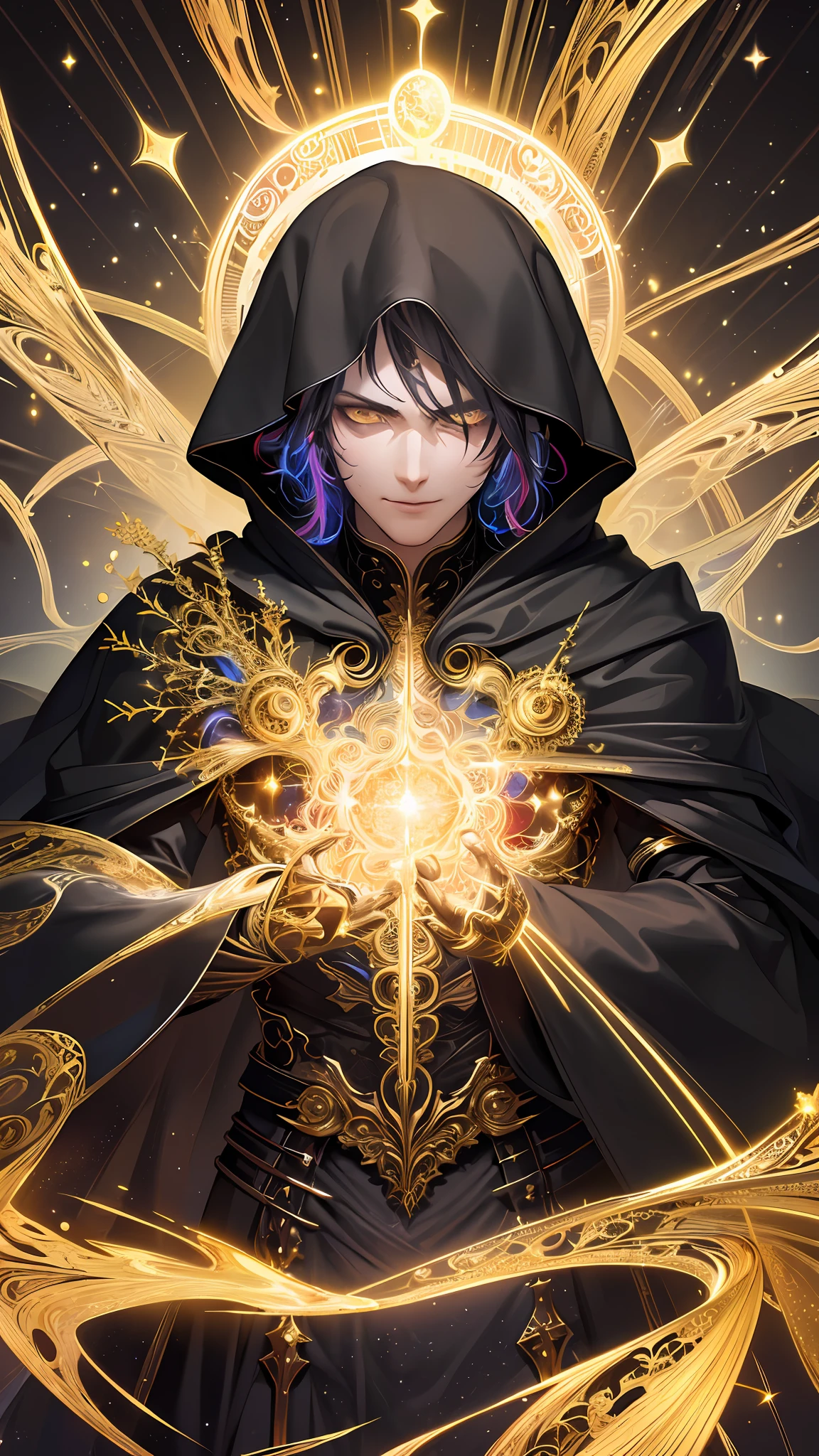 (masterpiece, top quality, best quality, official art, beautiful and aesthetic:1.2), (1boy), extreme detailed, (fractal art:1.3), colorful, highest detailed, perfect face, upper body, HDR, (smirking:1.3), (black cloak golden lines:1.2), galaxy, (light streaks), striking visuals, (dynamic streaks, luminous trails:1.2), vibrant colors,