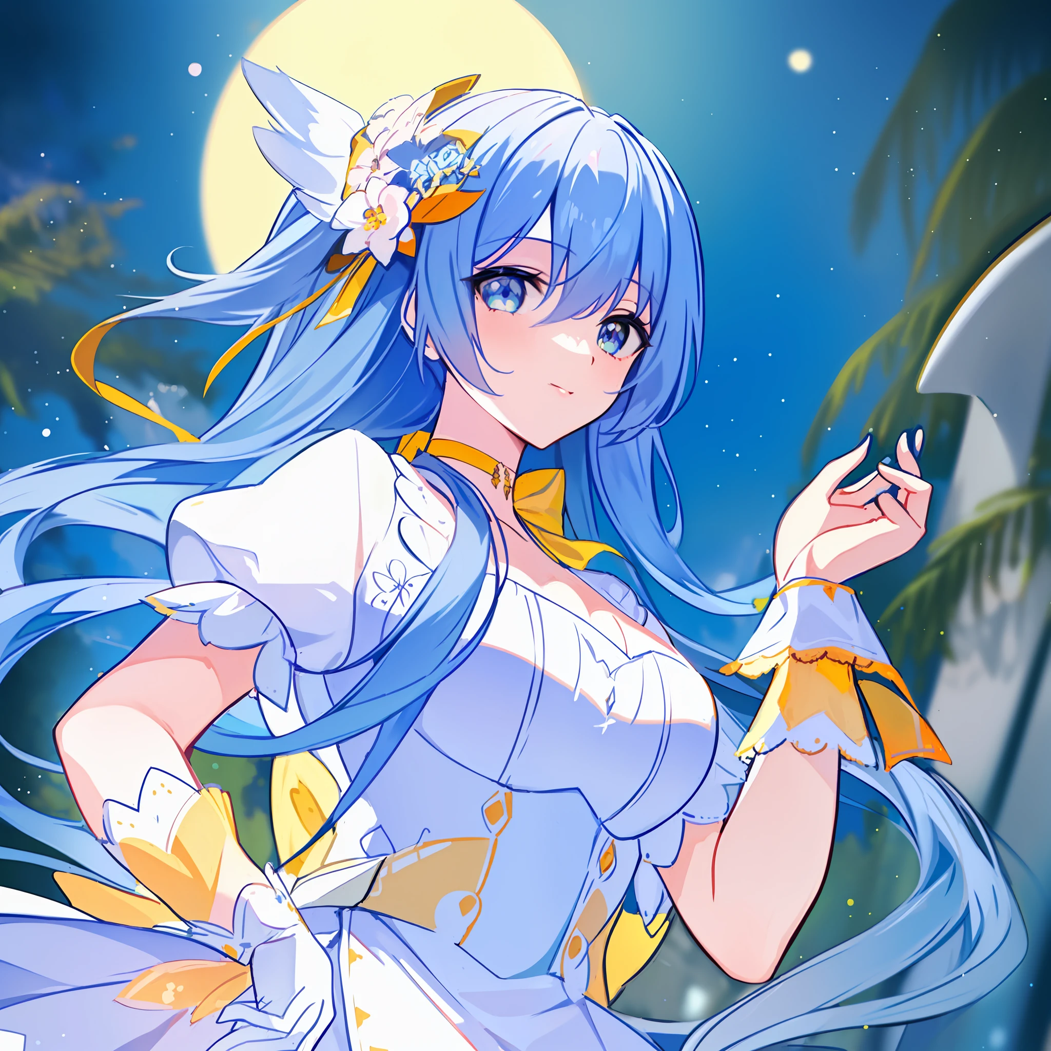 Facing right, ((((Masterpiece)))), (((Best Quality)))), ((((Very detailed))), Detailed fingers, Illustration, 1 girl, Solo, Sky blue long hair, violet colored eyes, Flower hair ornament, White feather hair ornament, Yellow moon hair ornament, Wide open chest, Large breasts, Large white ribbon at the waist, Yellow idle dress, Choker with yellow ribbon with white flowers, White gloves, White tights , MIKU, Royal Elegant Pose
