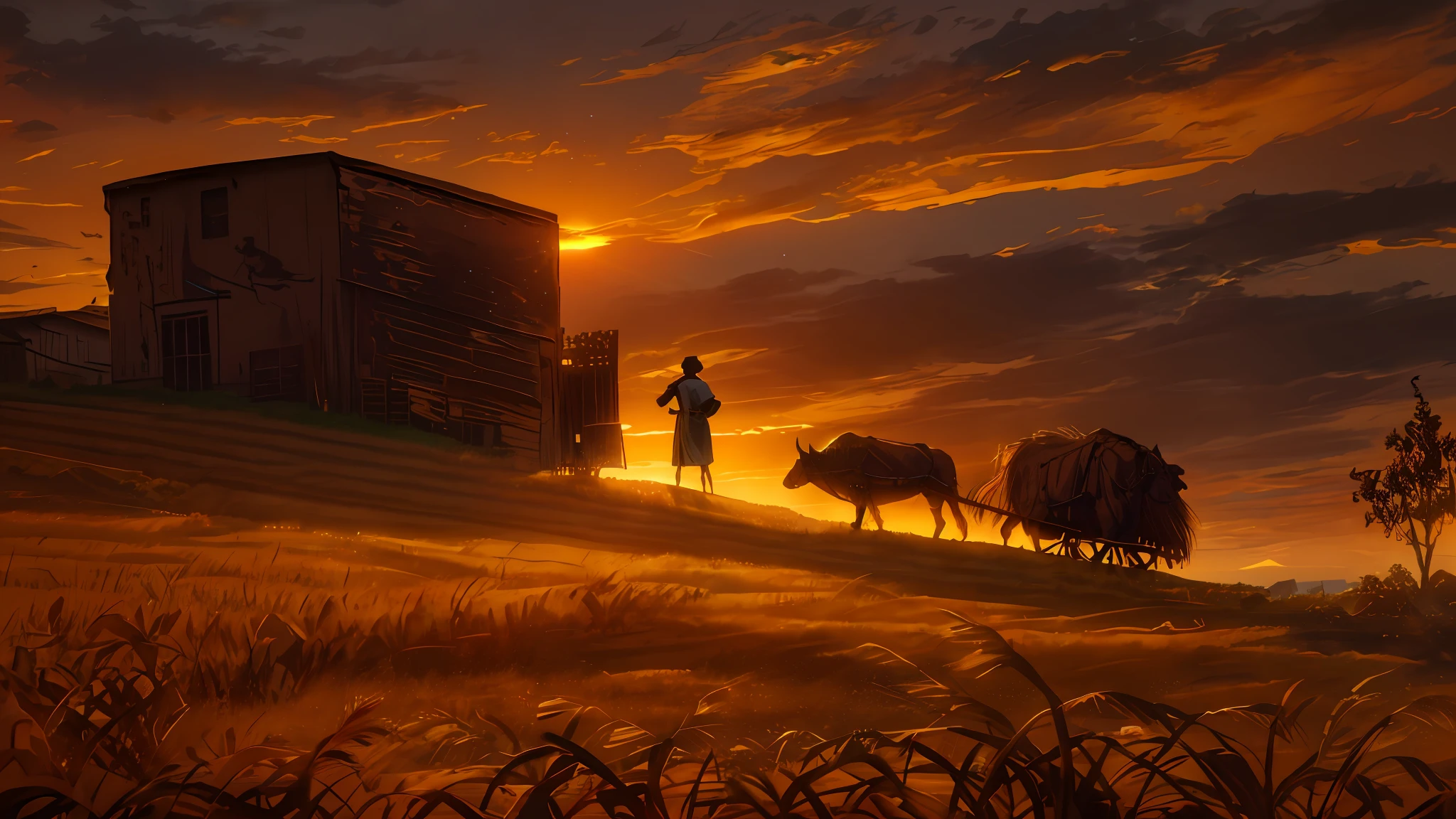Oil painting, there is a sunset setting, there is a silhouette in the distance of a man and an ox carrying wheat to the barn, epic biblical representation, 8k uhd, cinematic lighting, high quality.