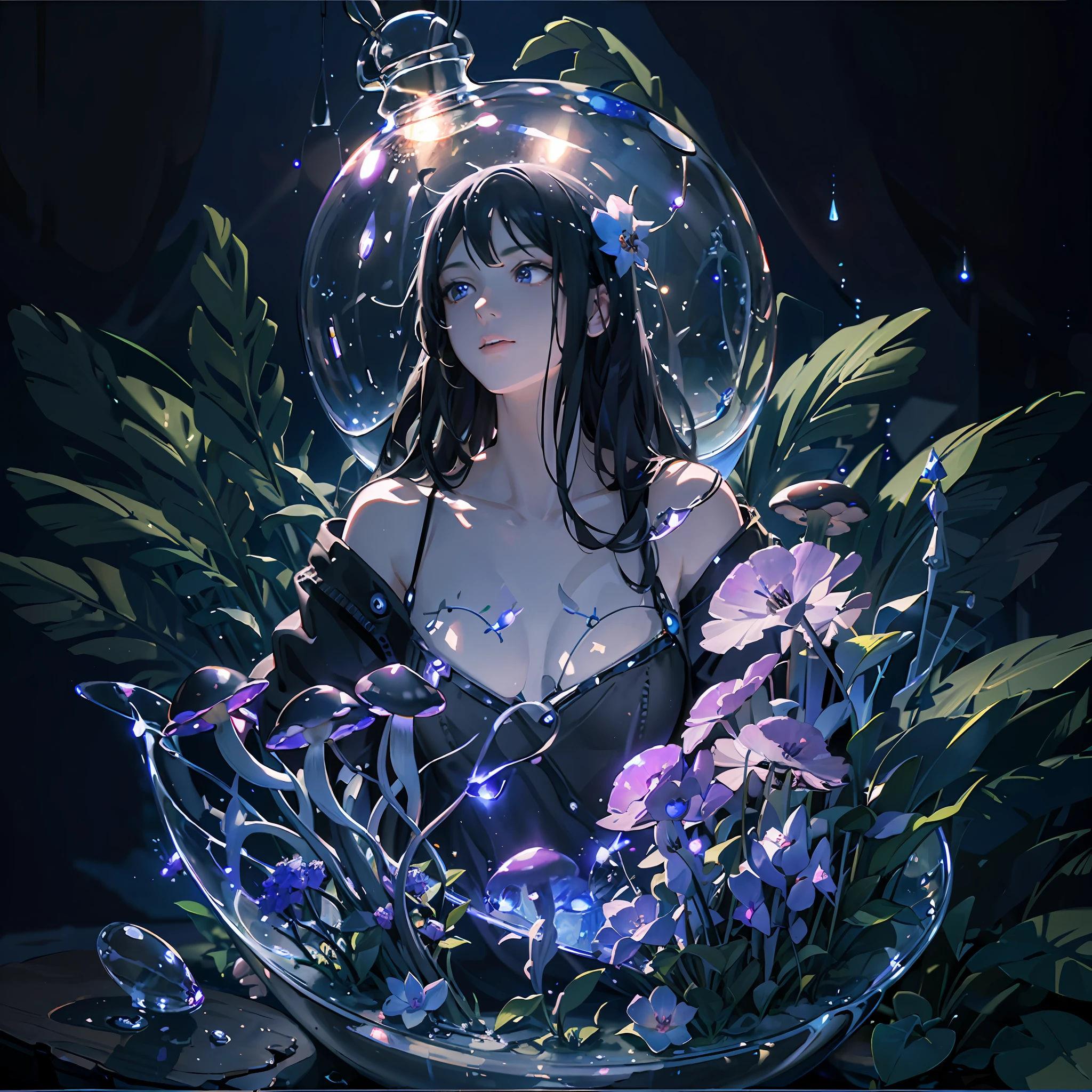 Computer, Extensive Landscape Ultrasound Photography bottle, glass flower, glowing mushrooms, mist, (general view showing transparent flower, mushrooms, glass, reflection),inside the bottle flower, mushrooms, glass, reflected moon, meteor shower, (ultradetailed), burning lighthouse, glass, (detailed), shards, glass (detailed), night night, moon reflection, (1:3), fireflies (1:3), BREAK production art, (cold light source:1.2), (Firefly:1.2), purple, fire particles, colors, intricate details, volumetric lighting, realistic fantasy BREAK (masterpiece:1.2), (best quality), 4k, ultra-detailed, (dynamic composition: 1.4), high detailed, colorful details, (gloomy colors: 1.2), (luminous lighting, atmospheric lighting), gloomy, dark, magical --auto --s2