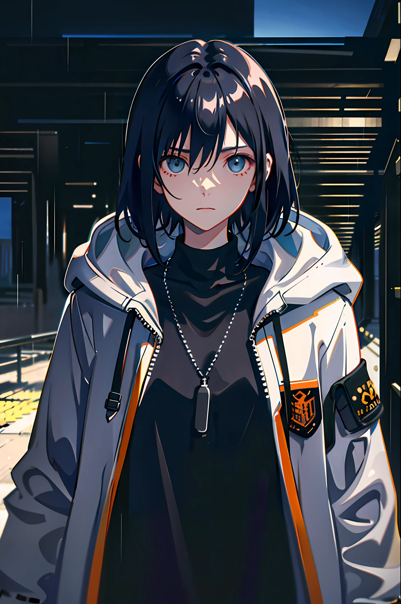 1girl, jacket, rain, outdoor, hoodie, open jacket, chain, backpack, looking at another, messy hair, trending on artstation, 8k resolution, highly detailed, anatomically correct, sharp image, digital painting, concept art, trending on pixiv, style of makoto shinkai,