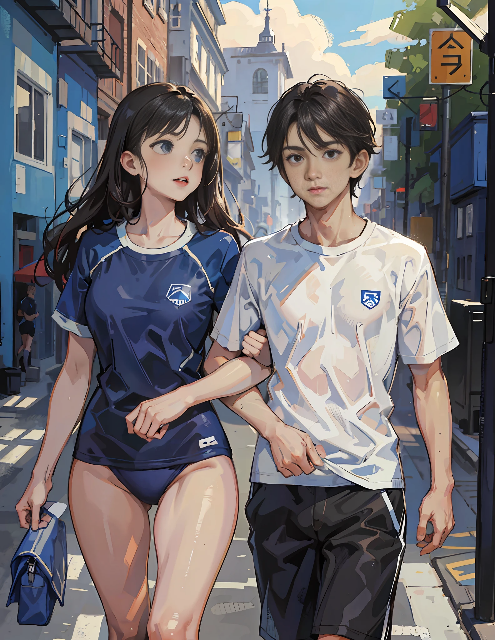 Picture of a girl in a dark blue school swimsuit and a teenage boy in a white t-shirt gym uniform walking to school hand in hand --auto --s2