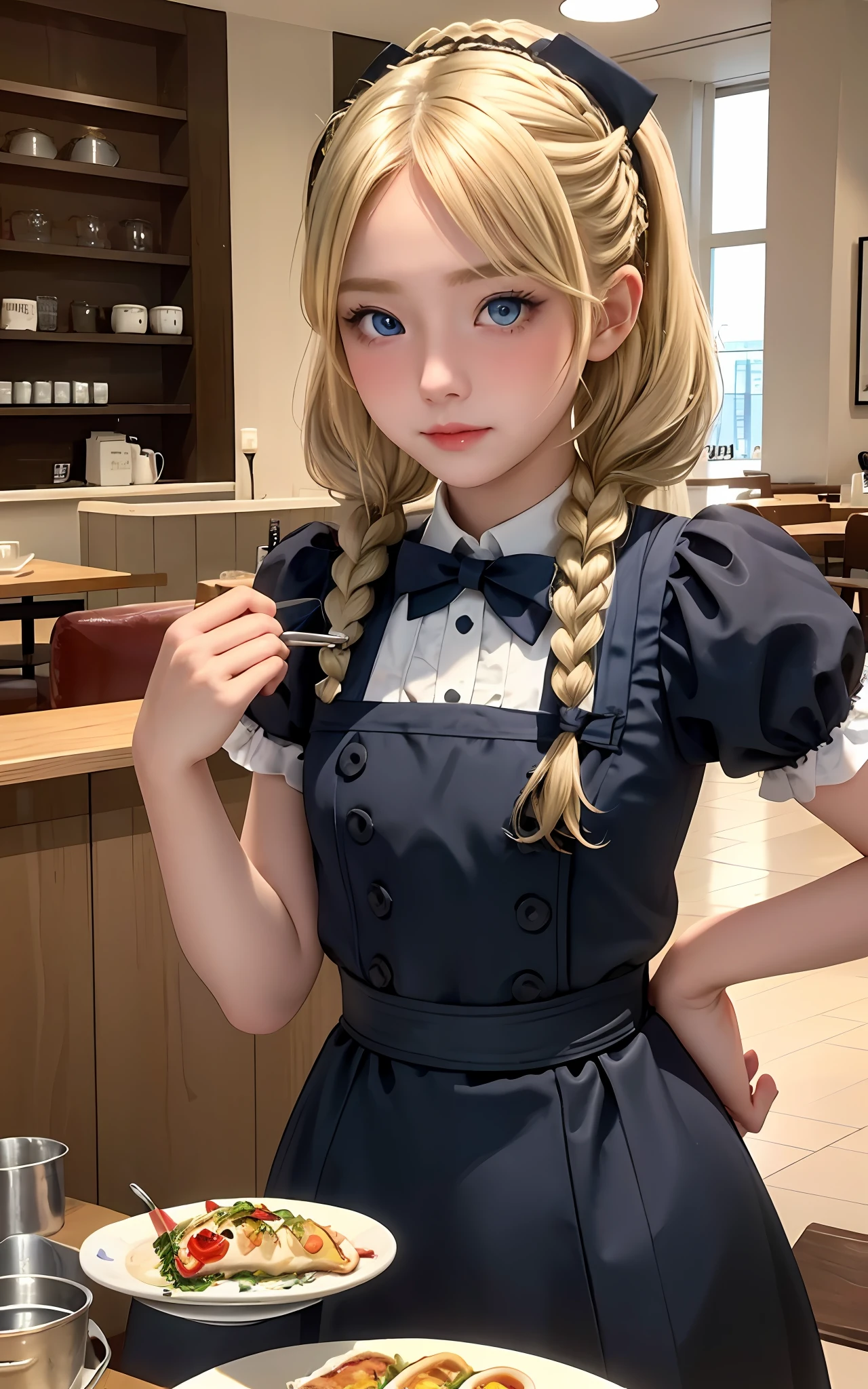 (Beautiful blonde, dark blue and beautiful eyes, small, 18 years old, thin waist, pigtails, thick braid, happy), omelet rice, heart shape with ketchup on omelet rice, model pose, background inside café, gothic café clerk, snap, (masterpiece), ((highest quality)), (super detailed), girl, clean and detailed face, five fingers, textile shading, perfect human structure, perfect anatomy,