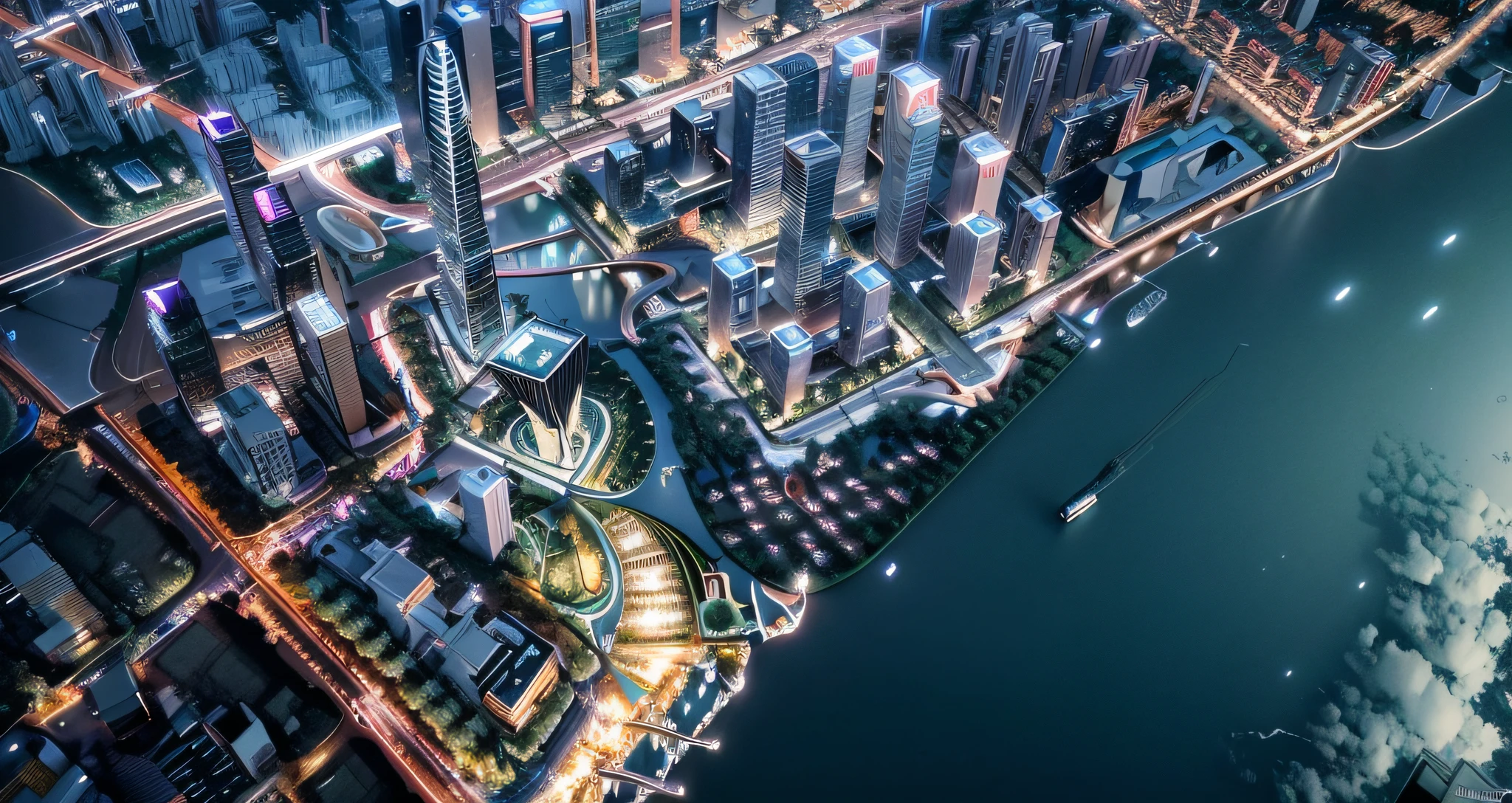 City skyline view, a river in the foreground, Guangzhou city, Guangzhou, China, skyline display, skyline, from China, trend, 3D model HD rendering, architectural rendering, Unreal Engine rendering, surrealism, skyscrapers, soothing tones, chinese dreamland, octane rendering, spectacular clouds, fantasy clouds. Huancheng, Guangzhou Financial City. Chinese architecture,. The bustling tech building is beyond imagination, visionary (wide-angle lens), ultra-high quality, and enhanced detail. Extremely detailed CG Unity 8k wallpapers, aesthetics, award-winning photography, realism, high detail, intricacies, art of travel, realistic 3D animation style, landscape concept art, ultra-high resolution (realism: 1.6), aesthetics, focus, high quality, vivid colors, stunning reflections, crystal clear water, award-winning photography, 3D lighting and beautiful cinematic lighting. Rich details, aerial view, top view, bird's nest shaped elliptical building, realism, SLG main city, dusk, skyscraper with lights