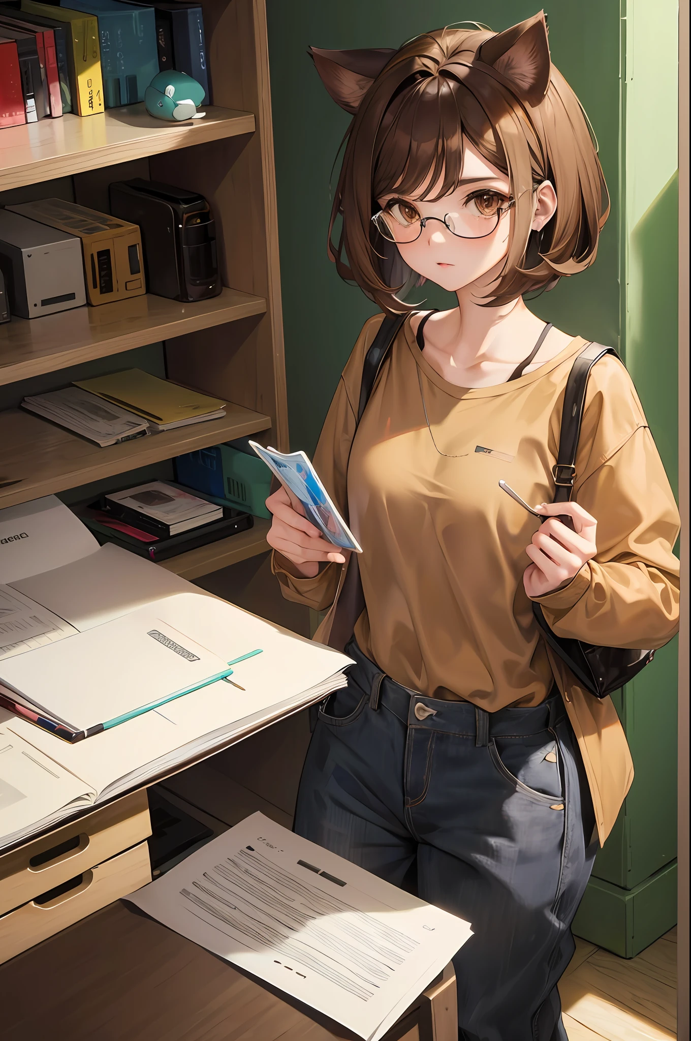 A girl, hedgehog hybrid, hedgehog ears, brown eyes, spiky brown hair, wearing a baggy shirt and glasses