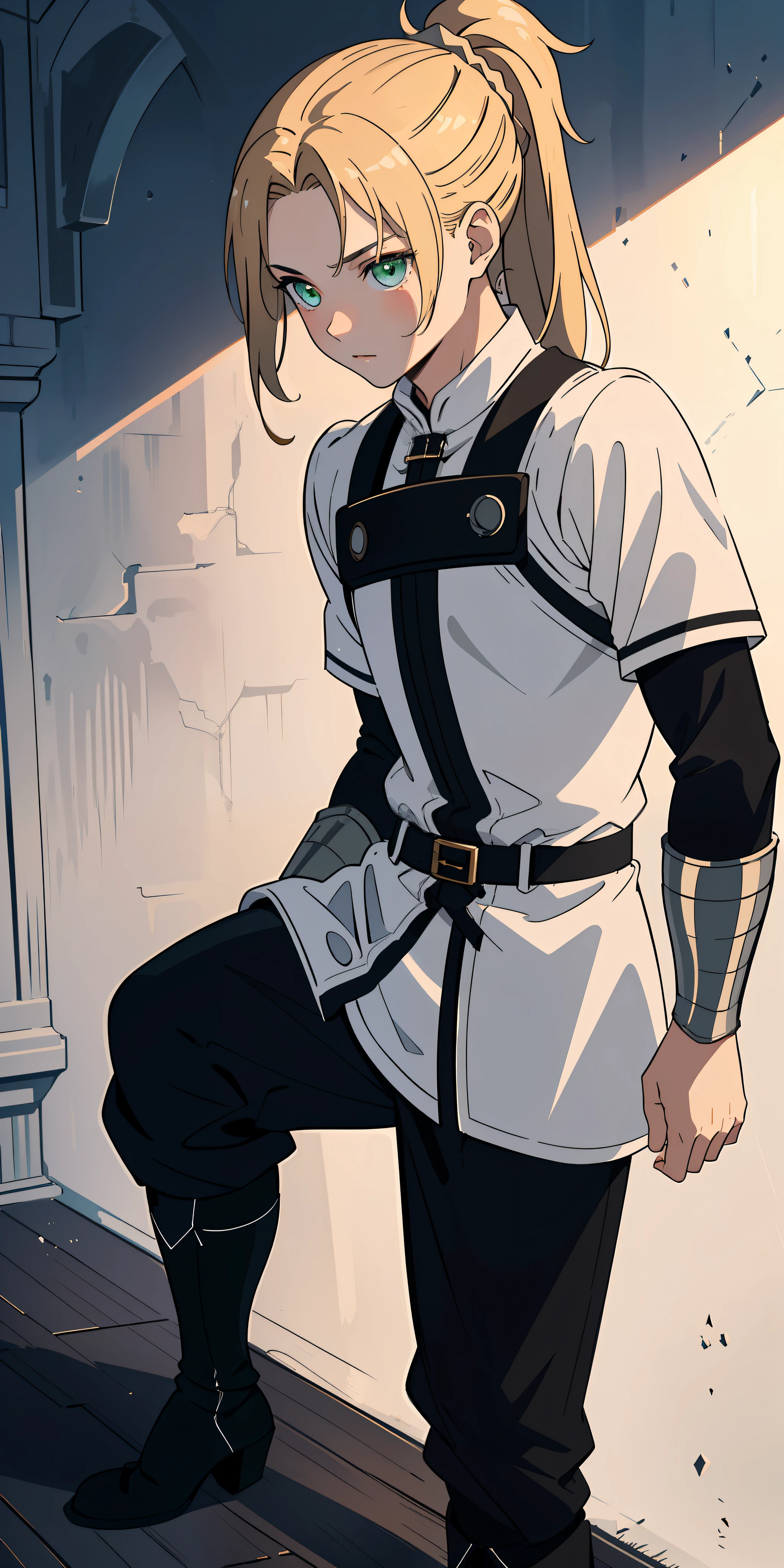 (masterpiece: 1.2, best quality), (beautiful finely detailed eyes: 1.2), (extremely detailed CG unit 8k wallpaper, masterpiece, best quality, ultra-detailed, best shadow), (detailed background), (beautiful detailed face, beautiful detailed eyes), High contrast, (best lighting, an extremely delicate and beautiful), solo, 1boy, dynamic angle, beautiful detailed brightness, whole body, masterpiece15--old , medieval fantasy, white skin, medium length blonde hair, ponytail, green eyes, medieval clothing, white shirt, black pants, black boot, battle suit