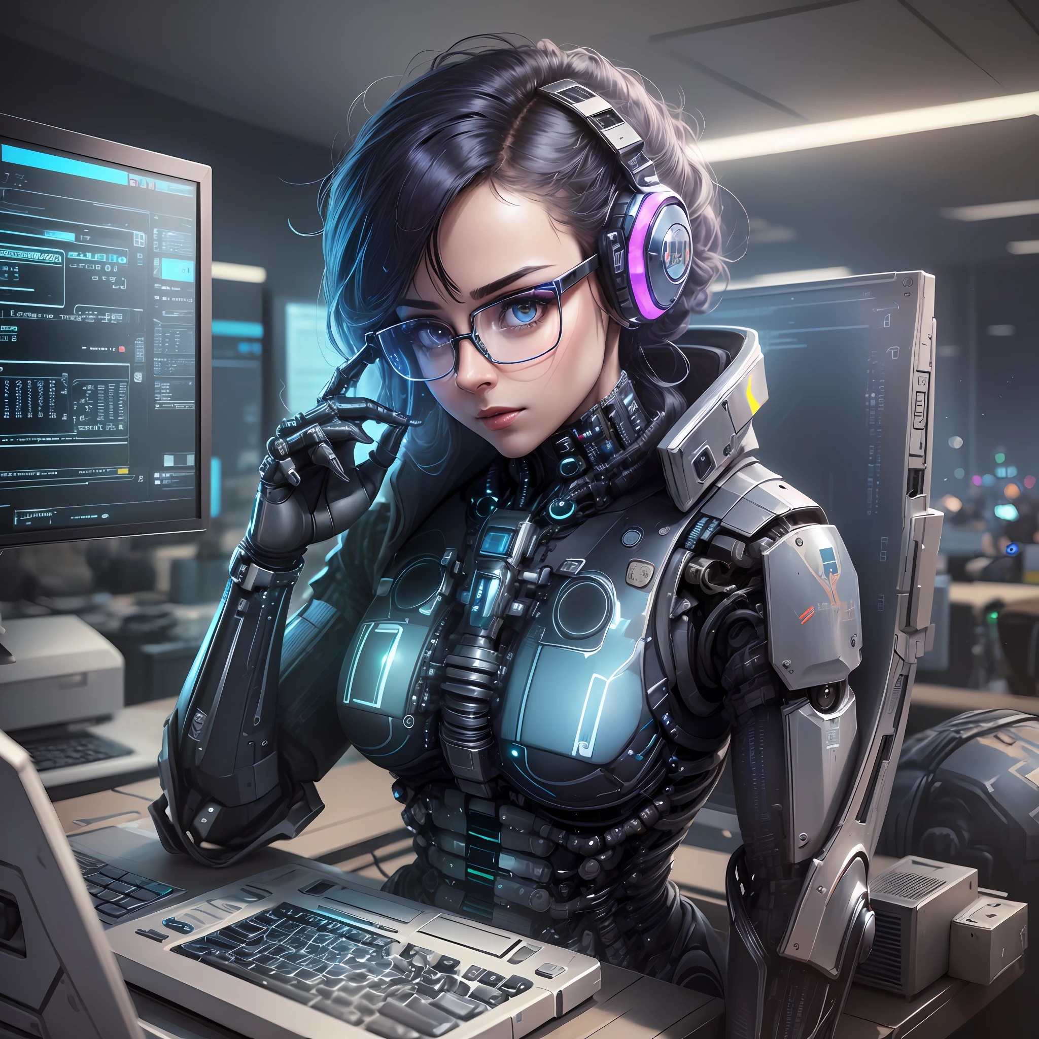 ((realistic robot (computer screens and futuristic glasses) and (sitting at an office desk))) 4K 8K:: realistic::4 cyberpunk::1 --v 4 --quality 2 --auto --s2