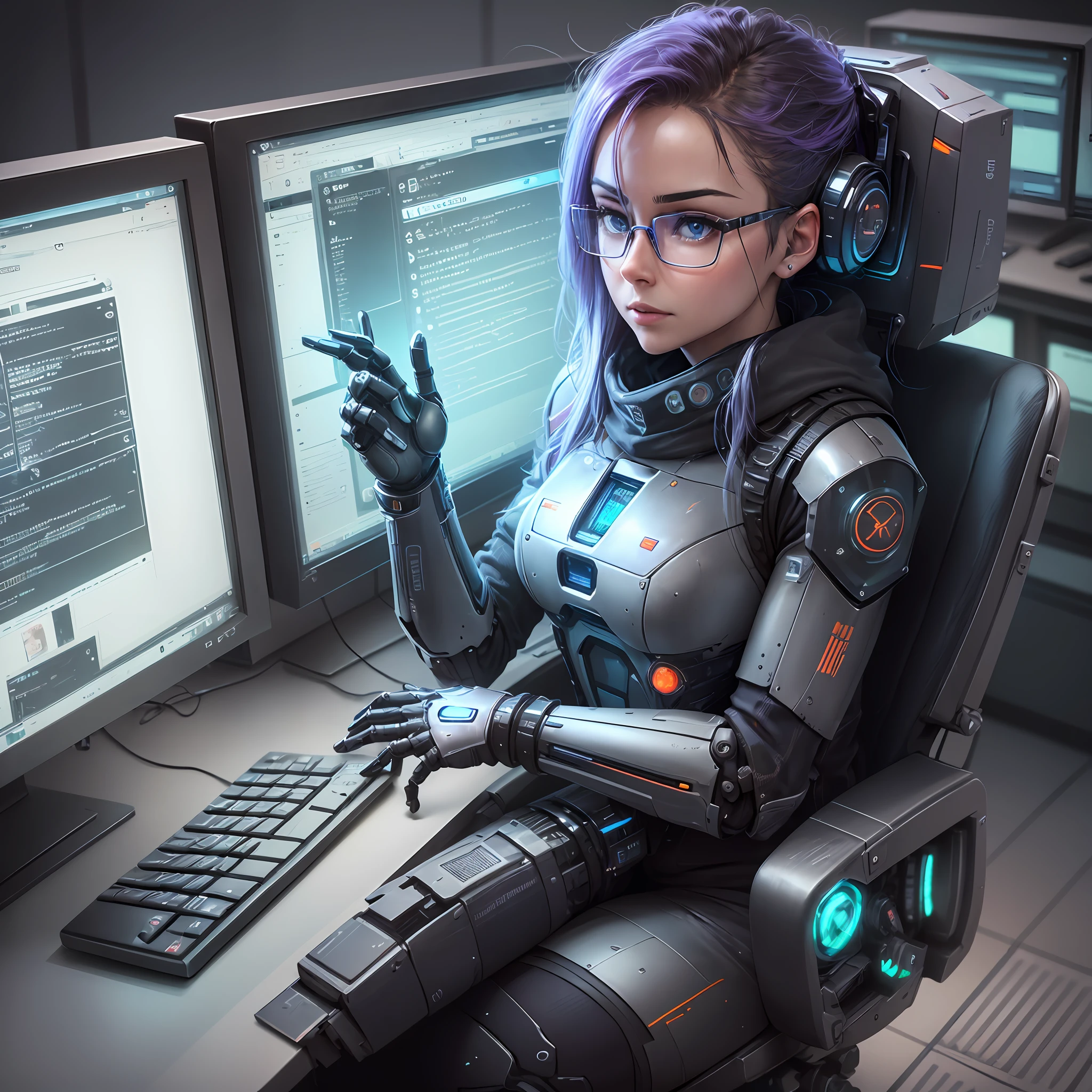 ((realistic robot (computer screens and futuristic glasses) and (sitting at an office desk))) 4K 8K:: realistic::4 cyberpunk::1 --v 4 --quality 2 --auto --s2