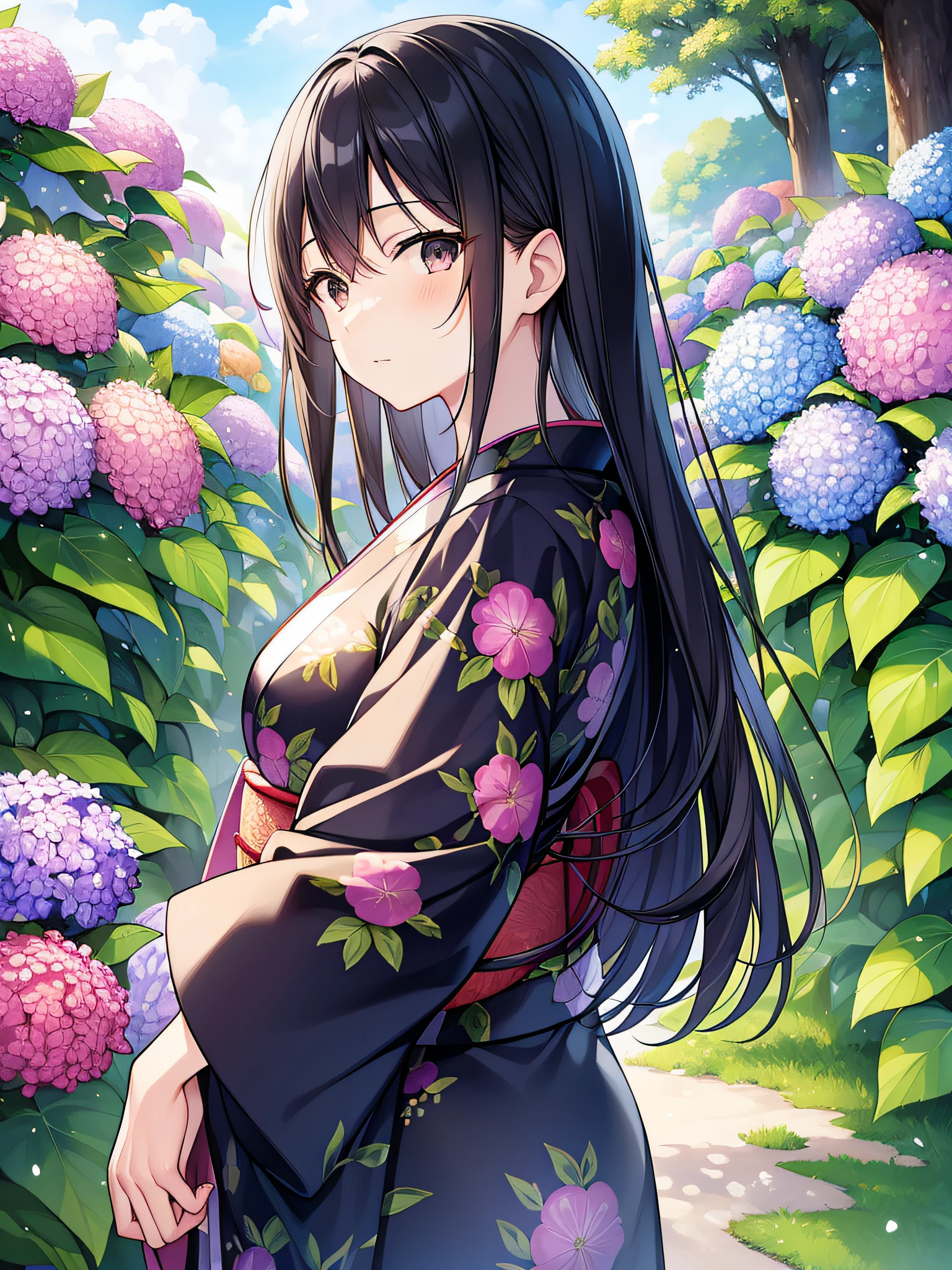 ((Best Quality)), (((Masterpiece))), (High Resolution), Carefully drawn face and eyes, original, Highly detailed 8K wallpaper, Official Art, Focus on people, Soft light, Head to knee shot, Side view, Looking into the distance, Hydrangea blooming background, One Japan woman, 20 years old, Very cute, Straight black hair, Black eyes, sad look, Mole, ( white and pink women's yukata), women's geta,