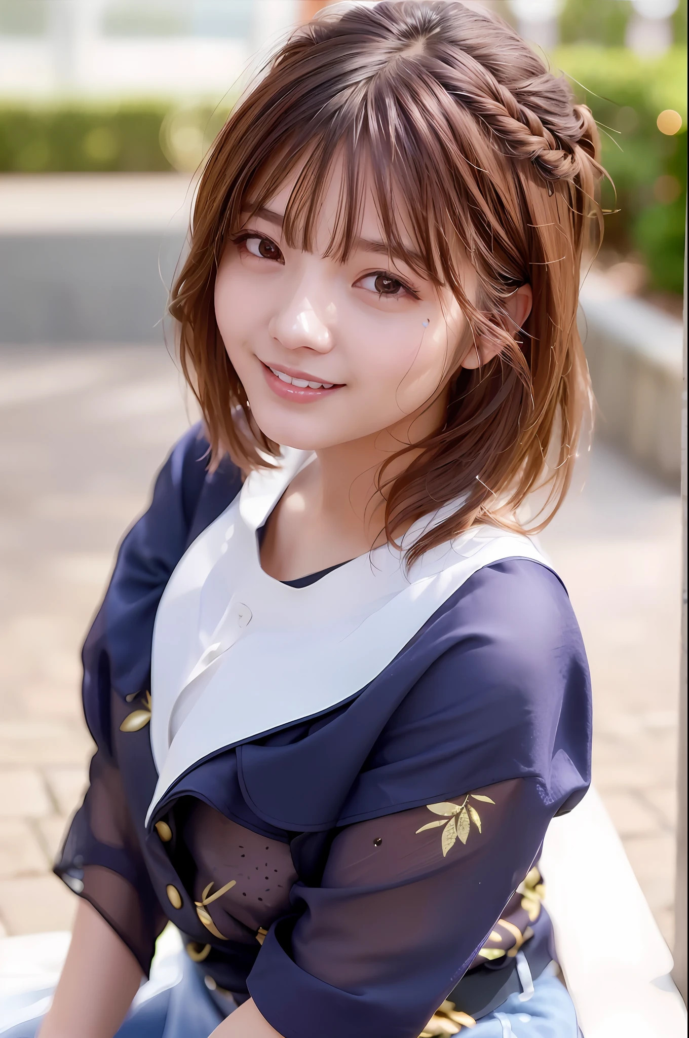(skin spots: 1.2), (skin dentation), Black eyes, 1 female, 25 years old, ((((Female))), Solo, Real, Best Quality, Photorealistic, Masterpiece, 8K, High Resolution, Solo, Very Detailed Face, (Professional Lighting, Bokeh), (Light Particle, Lens Flare, Luminous Particle: 0.6), (Dynamic Pause: 1.2), Soft Lighting, Top Angle View, Fashionable and trendy atmosphere, (daytime)), sky, ((viewer view:1)), (look at camera), (portrait: 0.6), cowboy shot, gorgeous, standing, keep original facial proportions, wide shoulders, full body, (huge chest), (short hair), brown hair, floating hair, lips, lipstick, seductive smile, floating hair, braided hair, smile, open_mouth, teeth, (((camitop)), eyelashes, moles, (moles under the eyes: 1),
