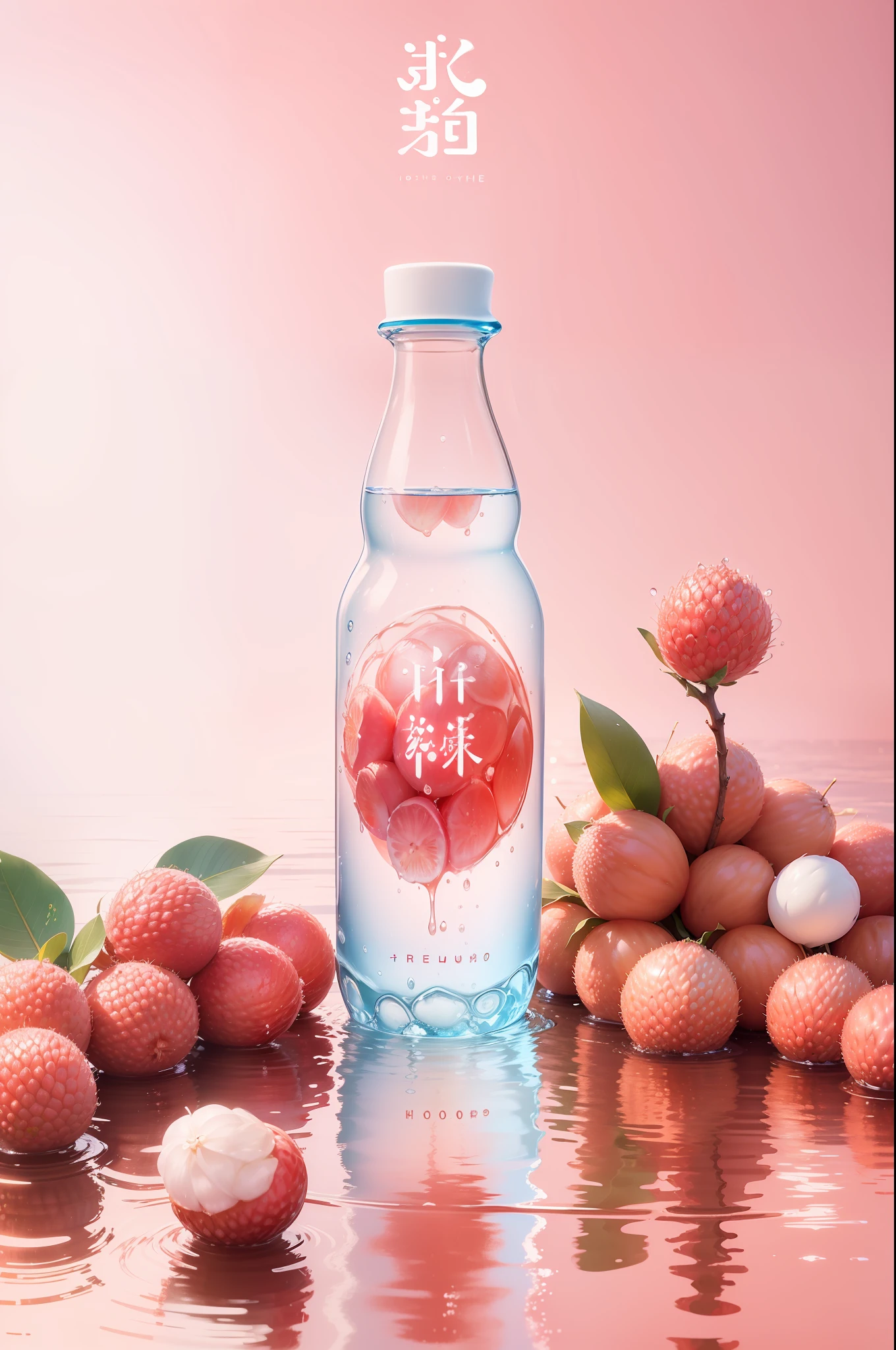 There are some lychees on the surface of the water, peeled lychees, water waves, dripping water droplets, light blue gradient background, poster, summer, poster design, real images, photos, super details, super realistic. 8K。 --auto --s2