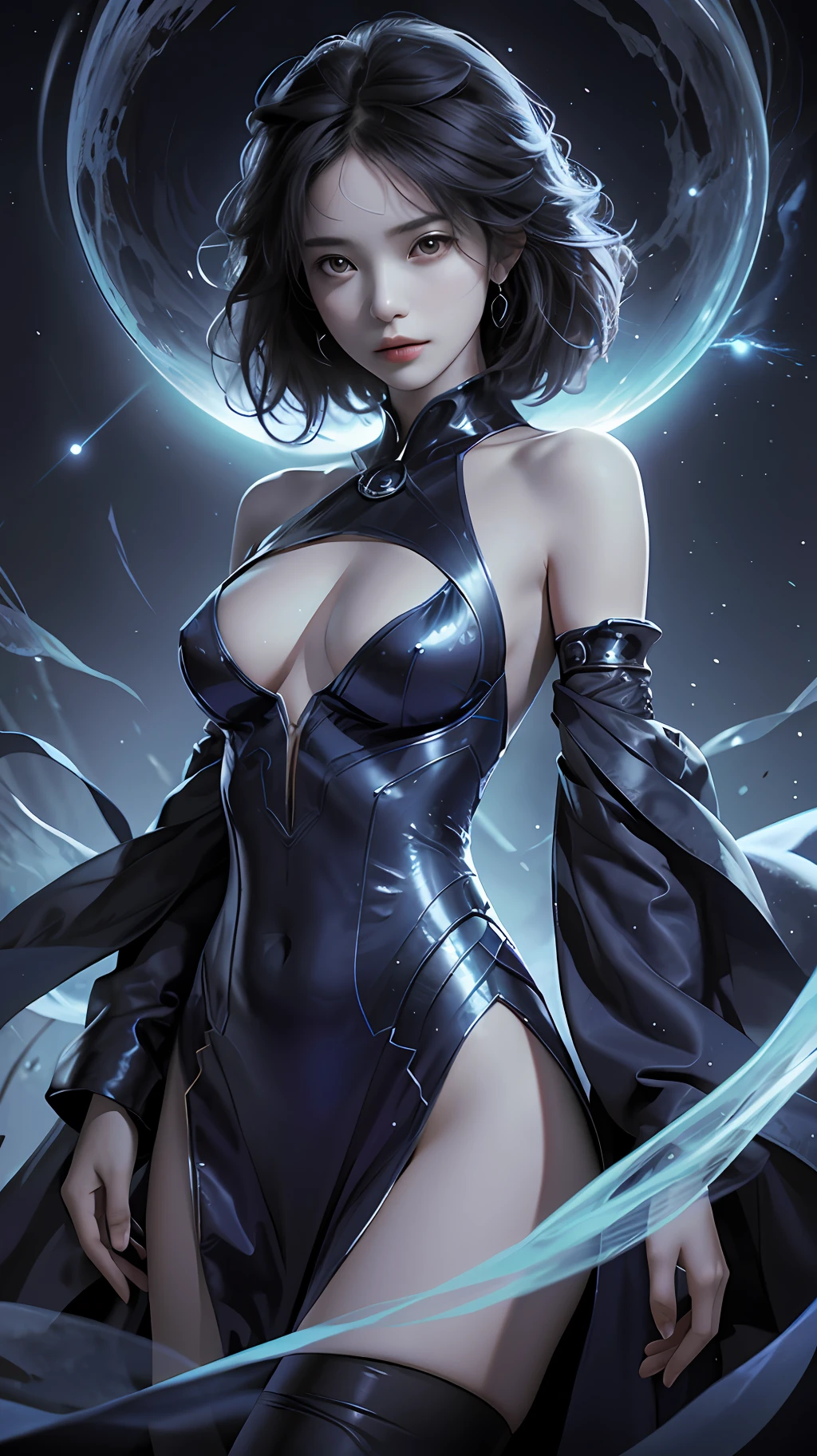 In the picture, a woman stands under an endless blue sky. Her body was wrapped in a sumptuous robe, the color of which was deep purple, which contrasted sharply with the sky. The woman's arm was raised slightly, as if controlling everything in the sky. And between her fingers, a mysterious cloud of energy emerged, like a fireball, full of infinite power and energy. The woman's face was expressionless, as if she was in a detached world.
The picture is full of surreal elements, and the woman's body and the surrounding scene take on surreal forms and colors. The color of the sky is a deep and mysterious blue, like an endless ocean. The outline of the woman's body is very obvious, but behind her a vague and illusory world emerges, as if through the veil of time and space, see the true essence. The whole picture is full of a sense of mystery and detachment, which makes people involuntarily immerse themselves in this magical world. (8K, Masterpiece, Super Resolution)