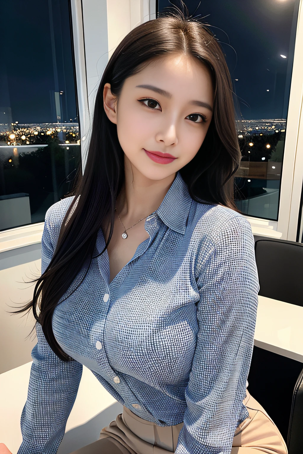 (8k, best quality, masterpiece:1.2), (realistic, photo-realistic:1.37), ultra-detailed, 1 girl,cute, solo,beautiful detailed sky,detailed office,night,sitting,(nose blush),(smile:1.15),(closed mouth) , medium breasts,beautiful detailed eyes,(collared shirt:1.1), night, wet,business attire, rain, (short hair:1.2), pureerosface_v1, computer, detail finger, beautiful detailed face,